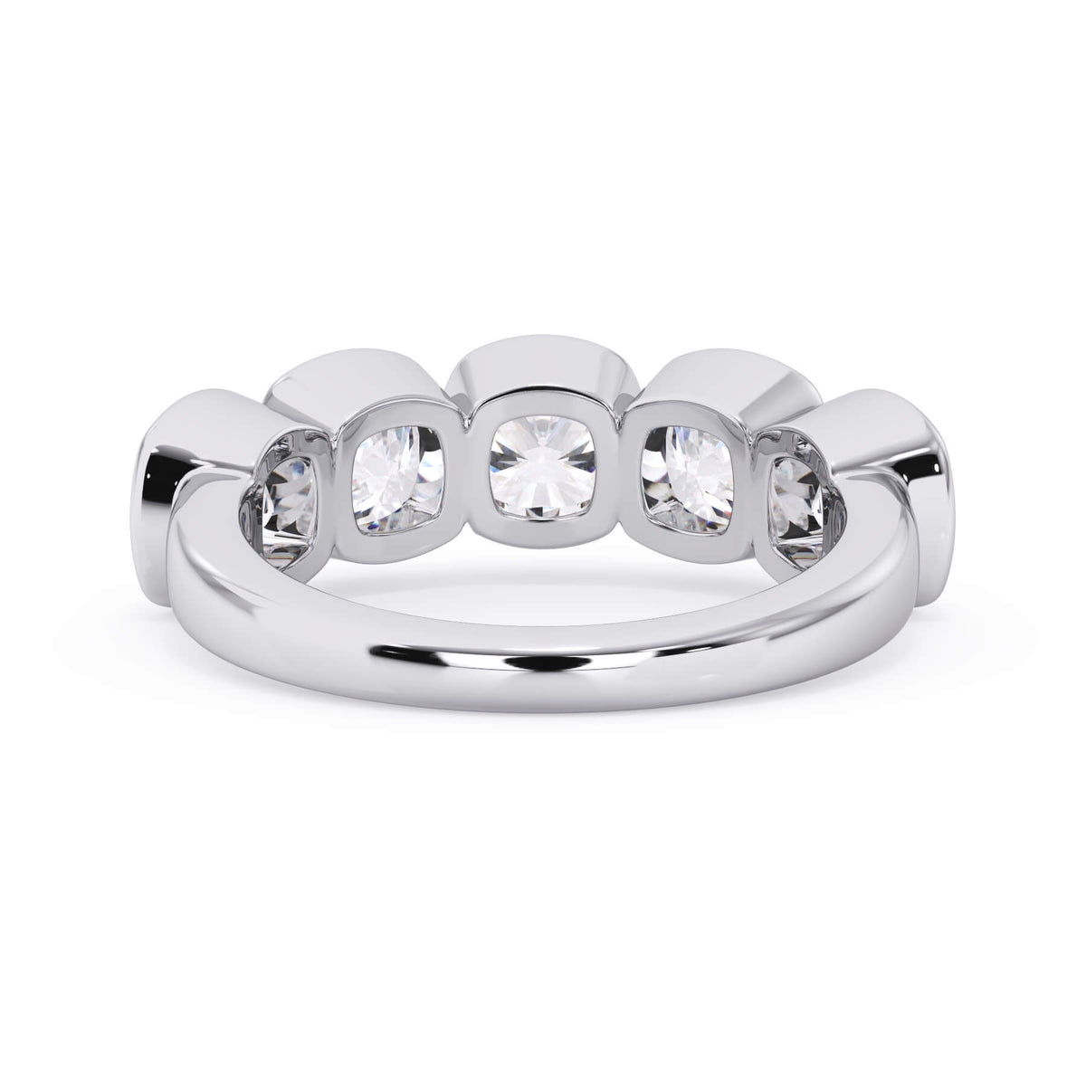 A picture of a five stone diamond wedding ring with cushion shape diamonds that are bezel set in white gold or platinum on a white background with a view of the underside of the ring.