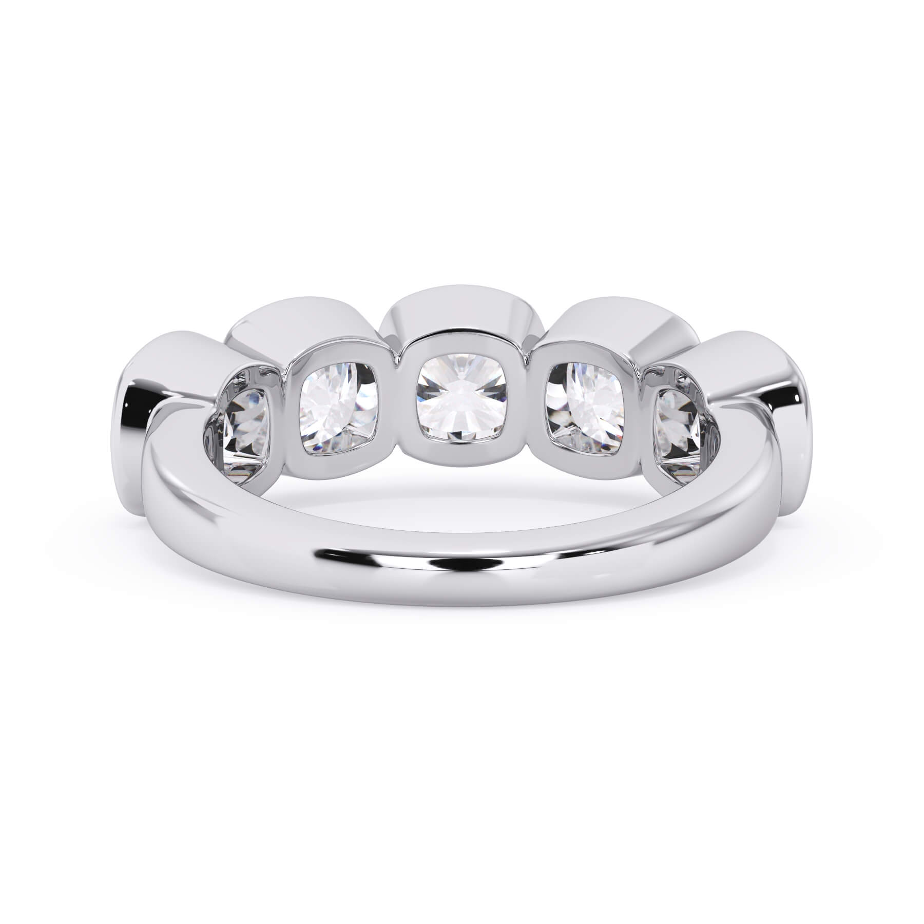 A picture of a five stone diamond wedding ring with cushion shape diamonds that are bezel set in white gold or platinum on a white background with a view of the underside of the ring.