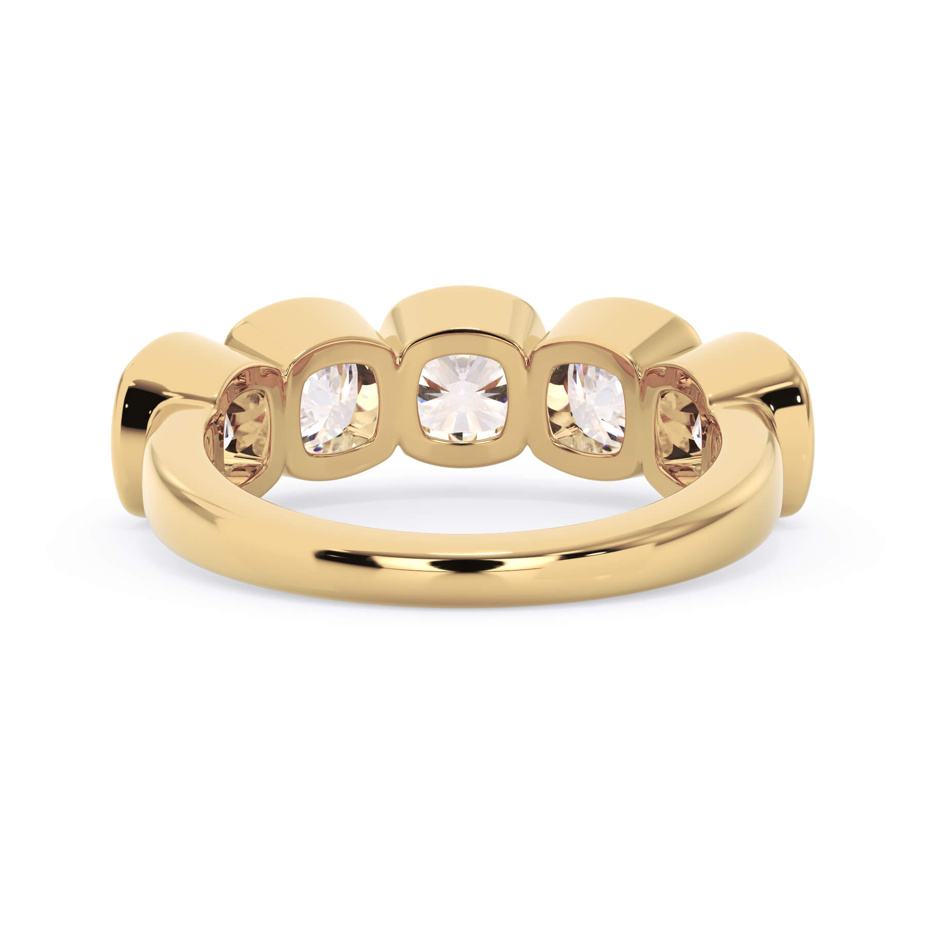 A picture of a five stone diamond wedding ring with cushion shape diamonds that are bezel set in yellow gold on a white background with a view of the underside of the ring.