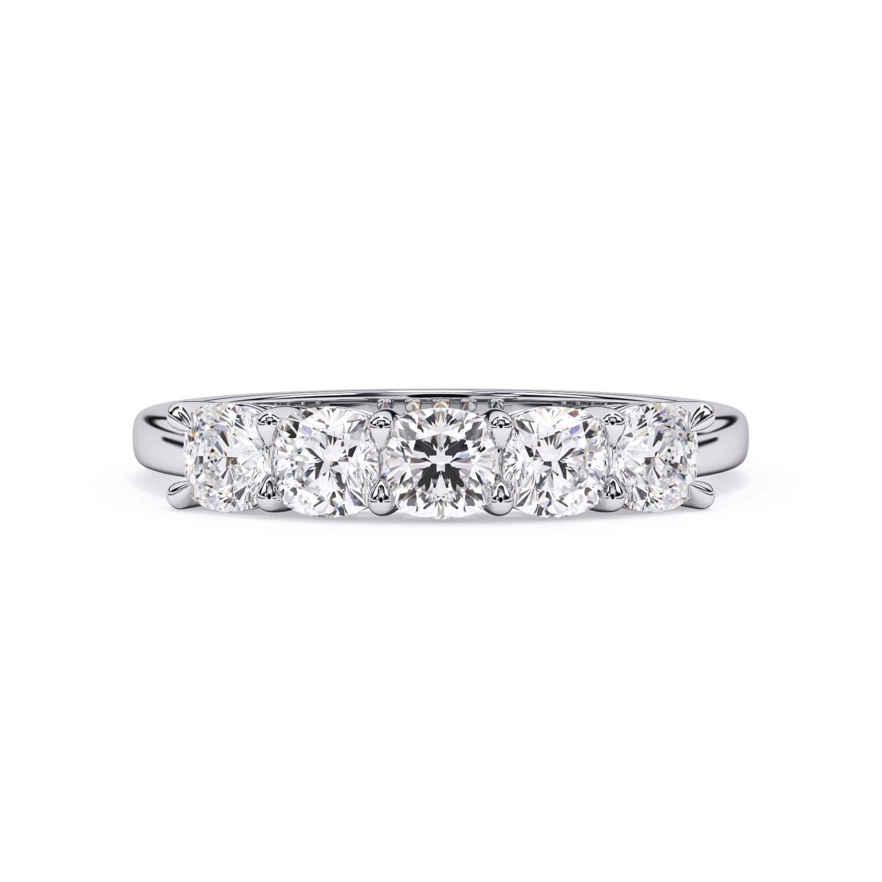A picture of a five stone diamond wedding ring with cushion shape diamonds that are shared prong set in white gold or platinum on a white background with the ring facing forward, lying down.