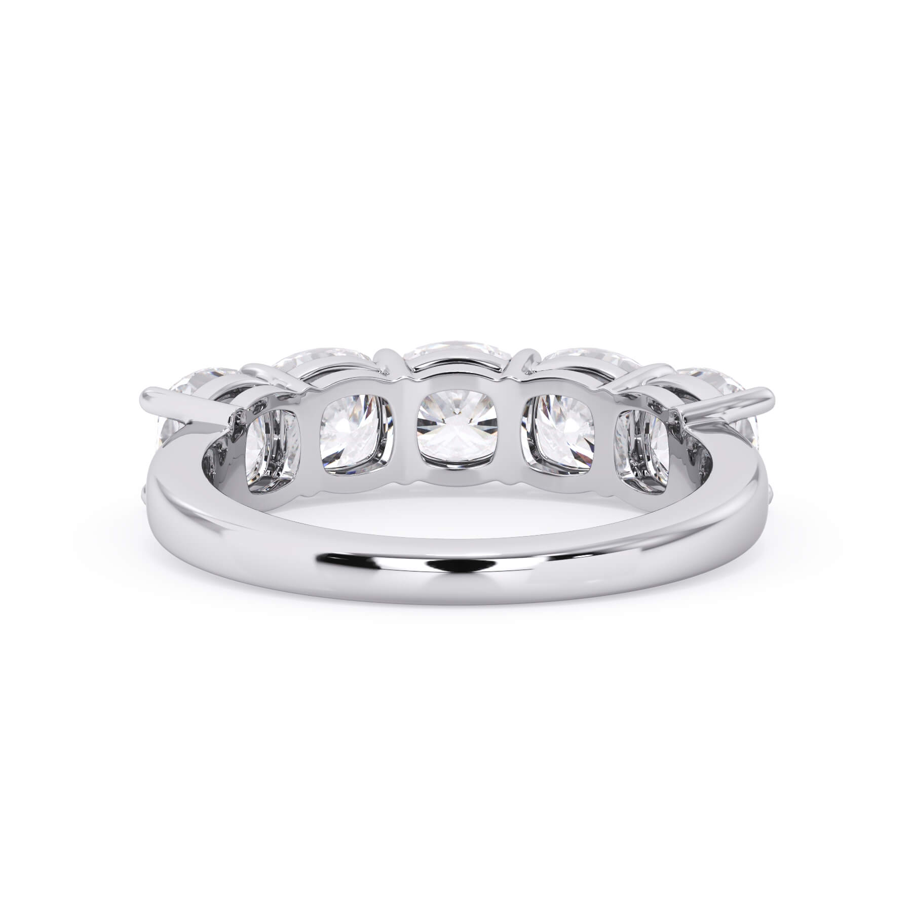 A picture of a five stone diamond wedding ring with cushion shape diamonds that are shared prong set in white gold or platinum on a white background with a view of the underside of the ring.