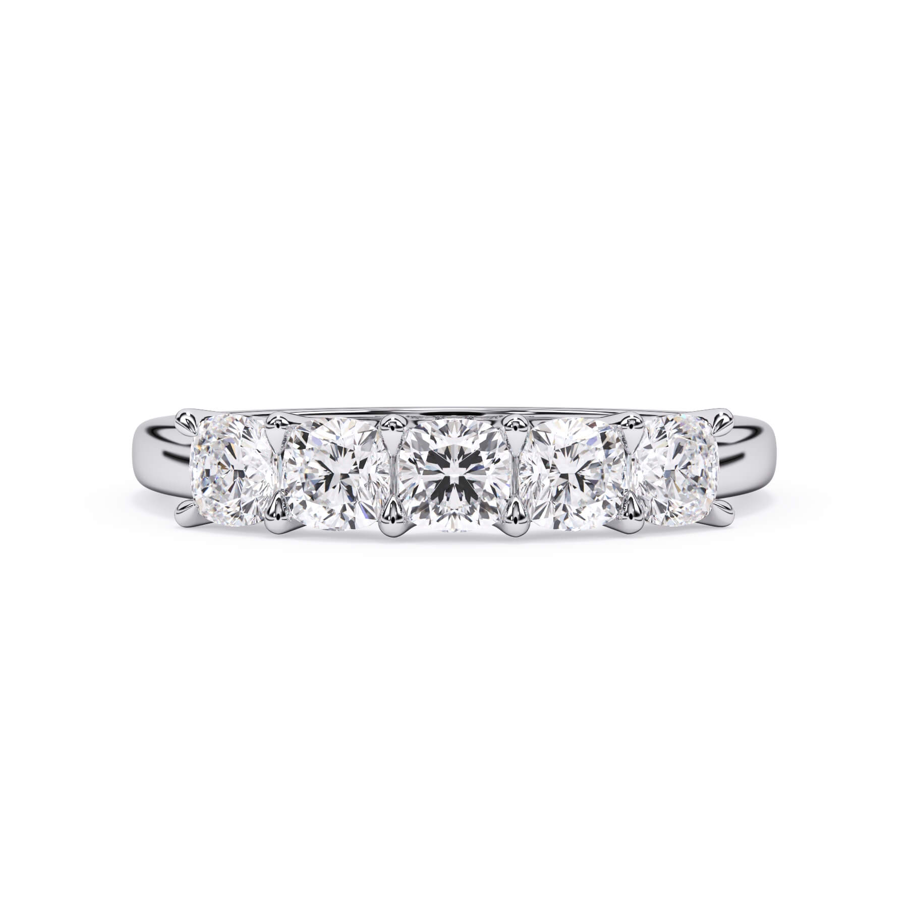 A picture of a five stone diamond wedding ring with cushion shape diamonds that are u prong set in white gold or platinum on a white background with the ring facing forward, lying down.