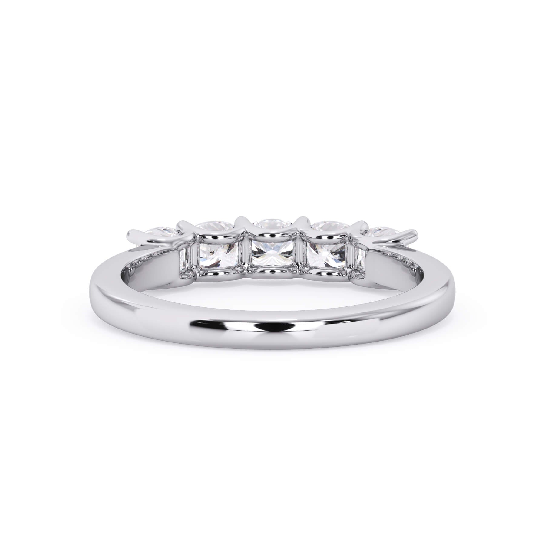 A picture of a five stone diamond wedding ring with cushion shape diamonds that are u prong set in white gold or platinum on a white background with a view of the underside of the ring.