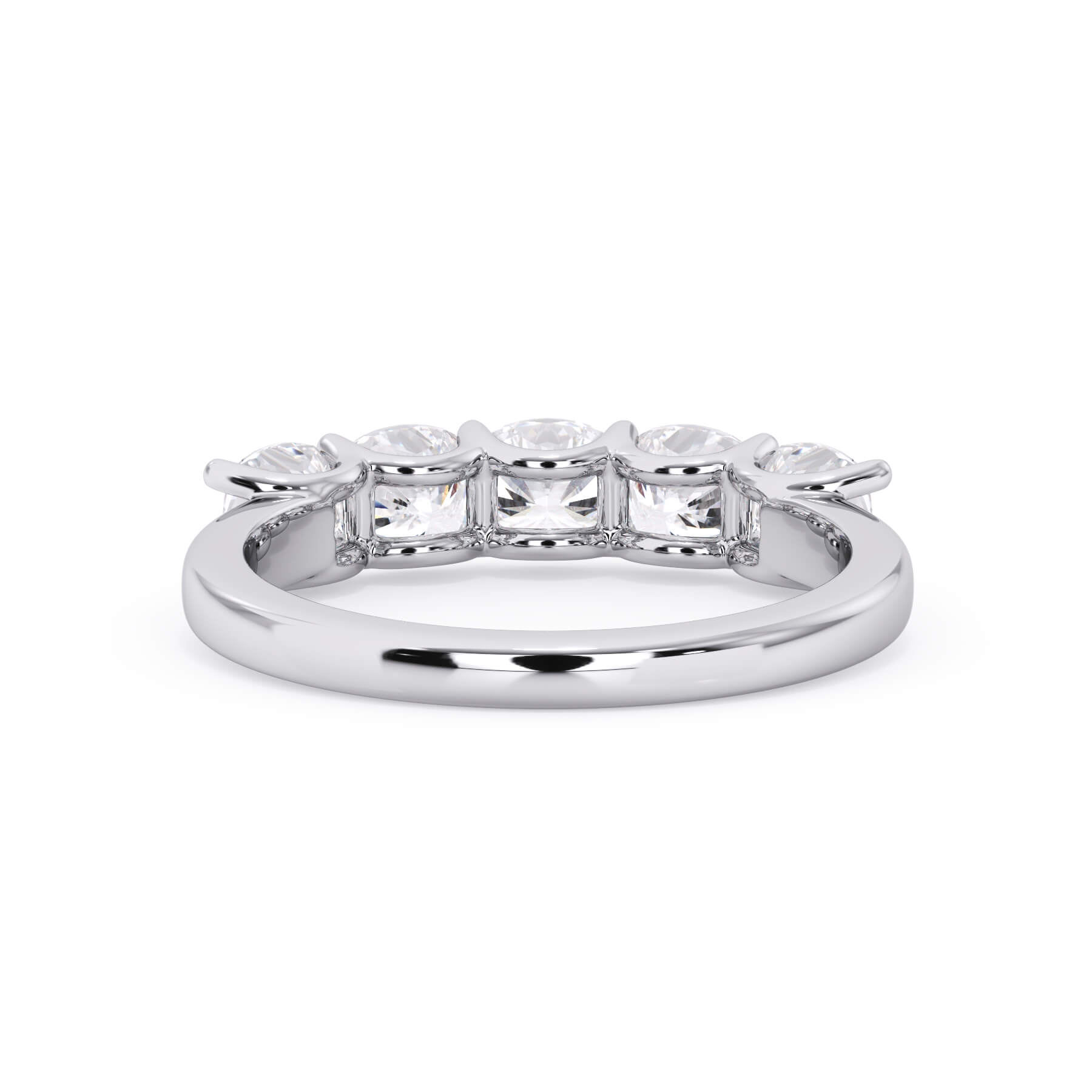A picture of a five stone diamond wedding ring with cushion shape diamonds that are u prong set in white gold or platinum on a white background with a view of the underside of the ring.