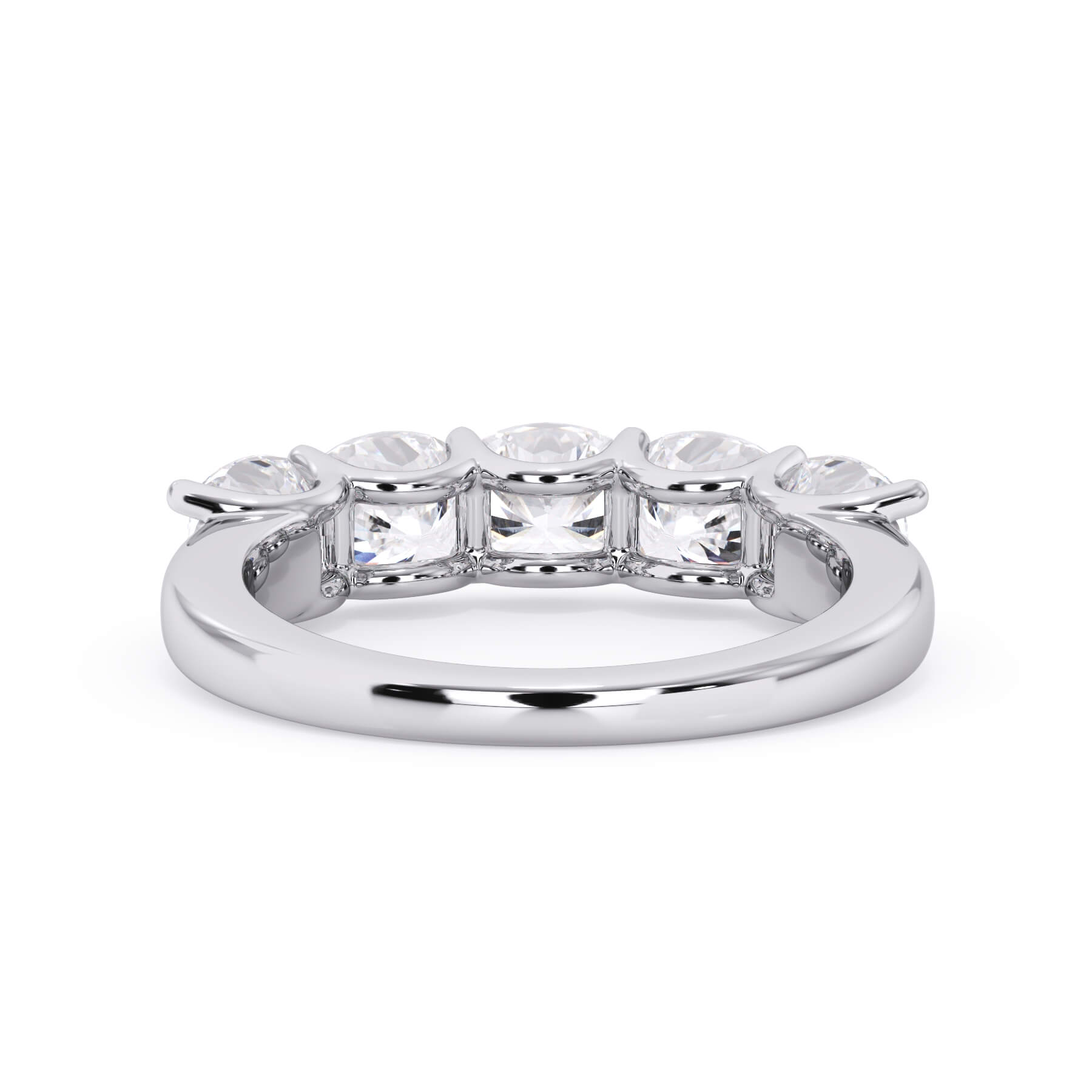 A picture of a five stone diamond wedding ring with cushion shape diamonds that are u prong set in white gold or platinum on a white background with a view of the underside of the ring.