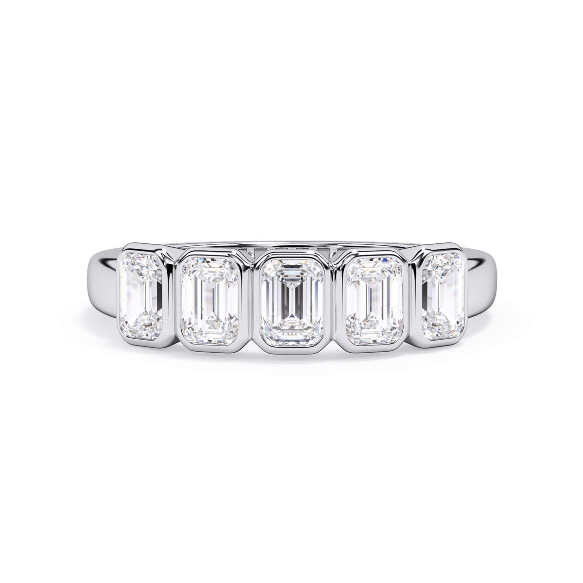 A picture of a five stone diamond wedding ring with emerald cut diamonds that are bezel set in white gold or platinum on a white background with the ring facing forward, lying down.