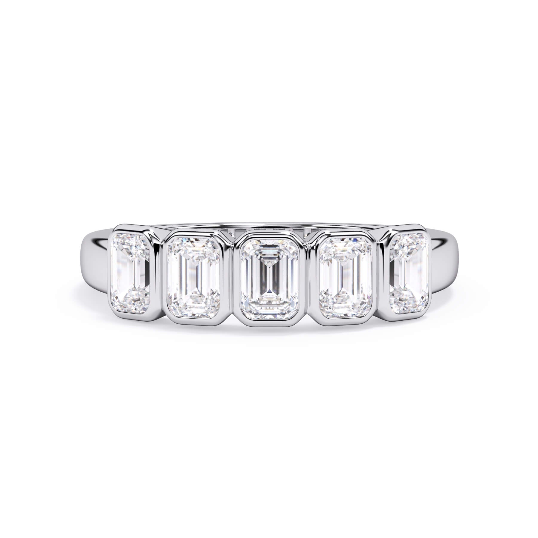 A picture of a five stone diamond wedding ring with emerald cut diamonds that are bezel set in white gold or platinum on a white background with the ring facing forward, lying down.