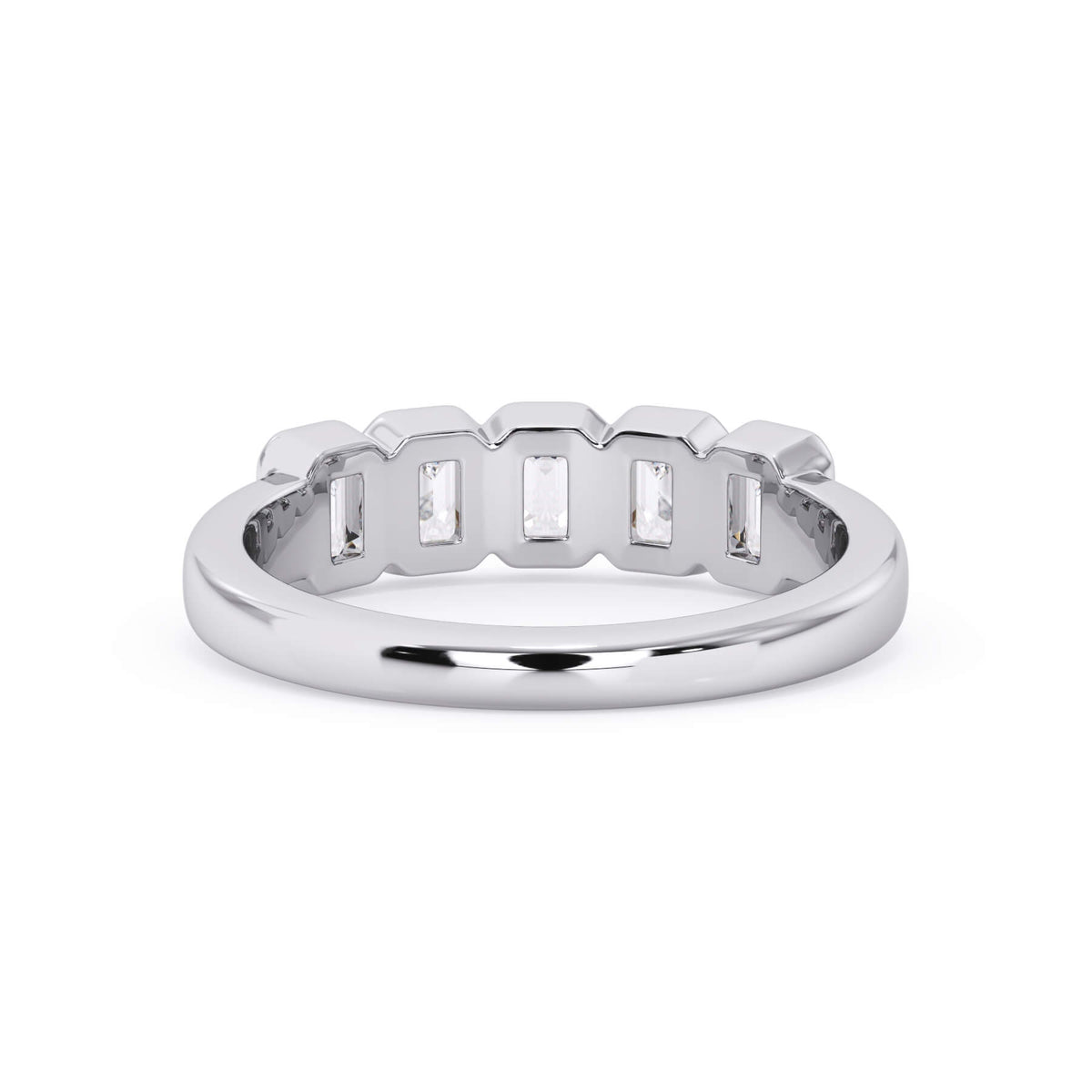 A picture of a five stone diamond wedding ring with emerald cut diamonds that are bezel set in white gold or platinum on a white background with a view of the underside of the ring.