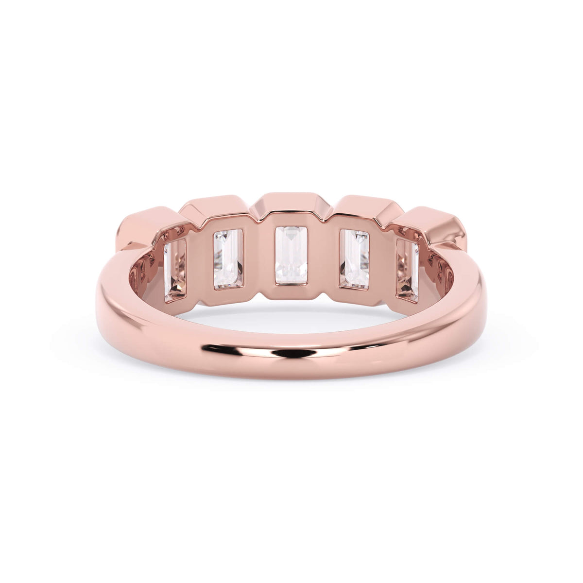 A picture of a five stone diamond wedding ring with emerald cut diamonds that are bezel set in rose gold on a white background with a view of the underside of the ring.