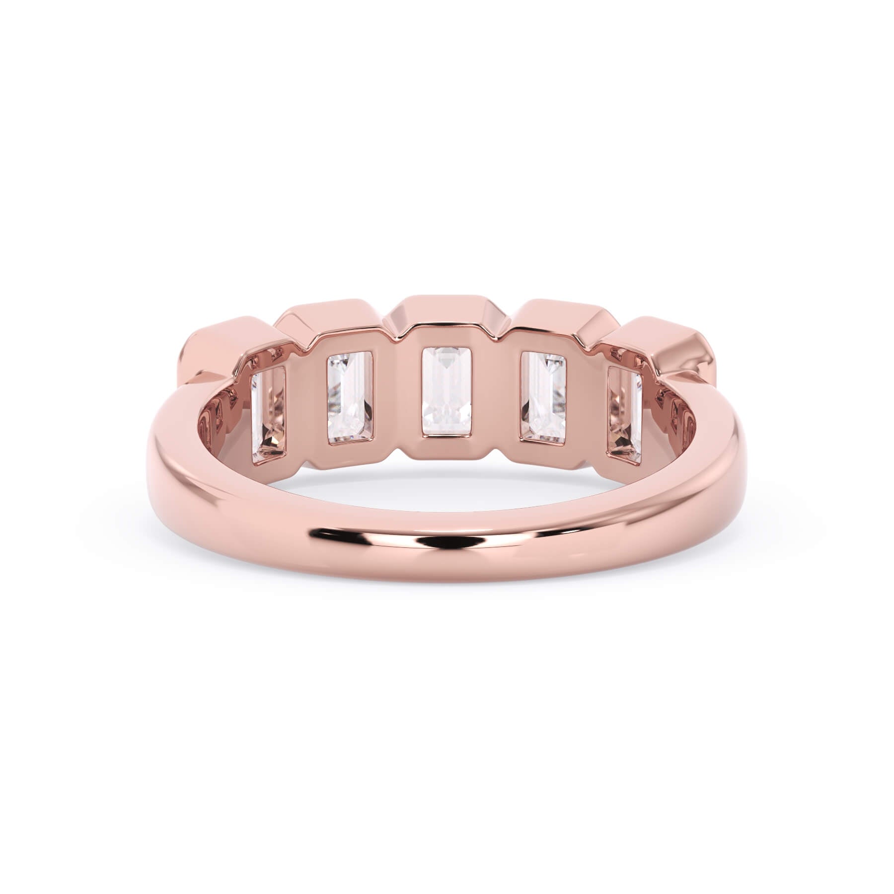 A picture of a five stone diamond wedding ring with emerald cut diamonds that are bezel set in rose gold on a white background with a view of the underside of the ring.