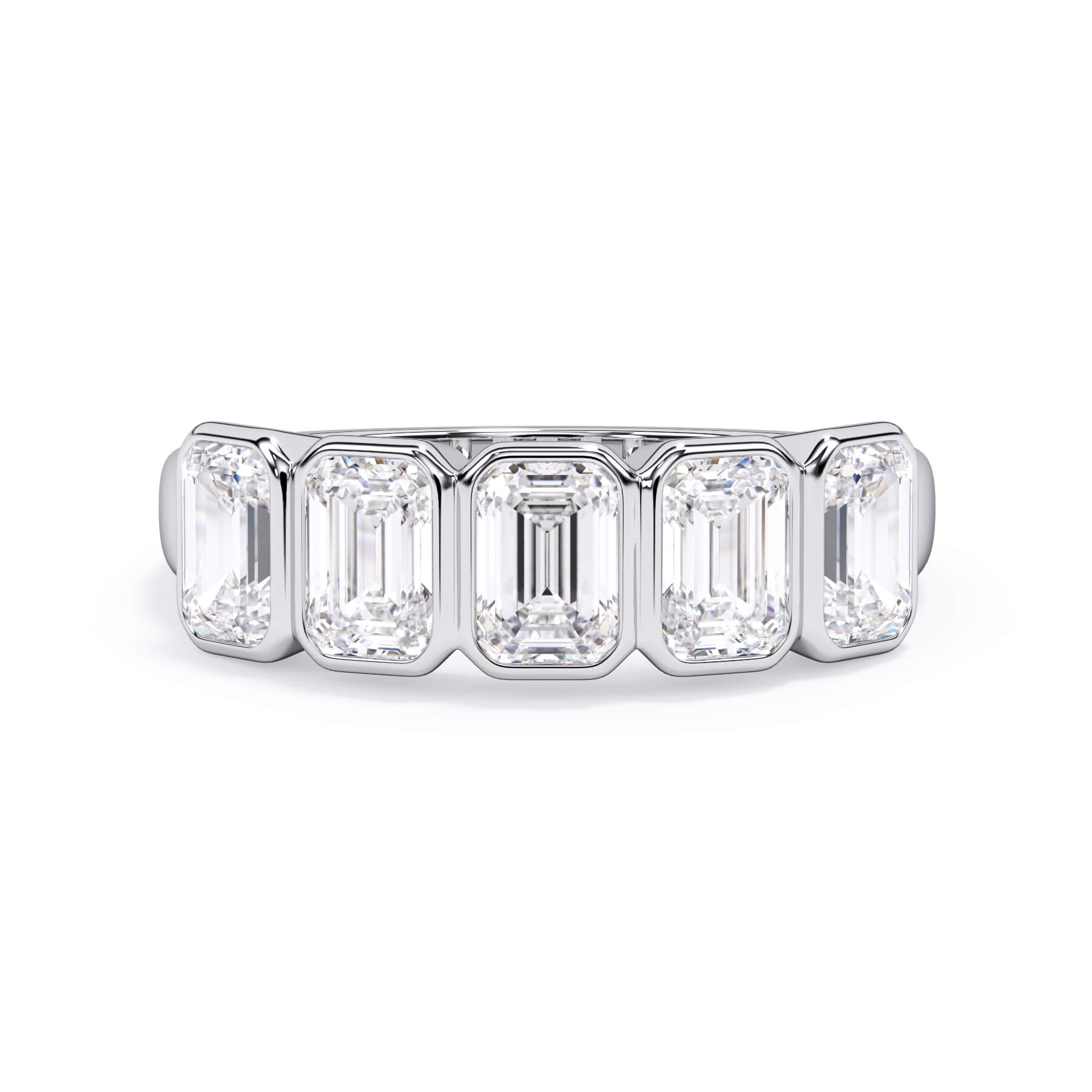 A picture of a five stone diamond wedding ring with emerald cut diamonds that are bezel set in white gold or platinum on a white background with the ring facing forward, lying down.