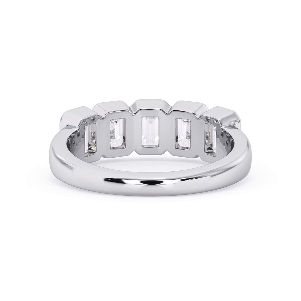 A picture of a five stone diamond wedding ring with emerald cut diamonds that are bezel set in white gold or platinum on a white background with a view of the underside of the ring.