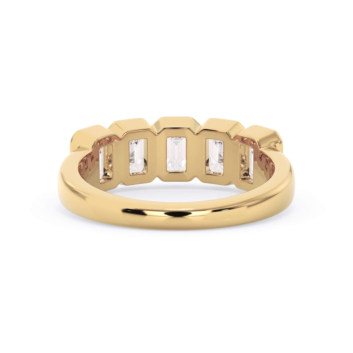 A picture of a five stone diamond wedding ring with emerald cut diamonds that are bezel set in yellow gold on a white background with a view of the underside of the ring.