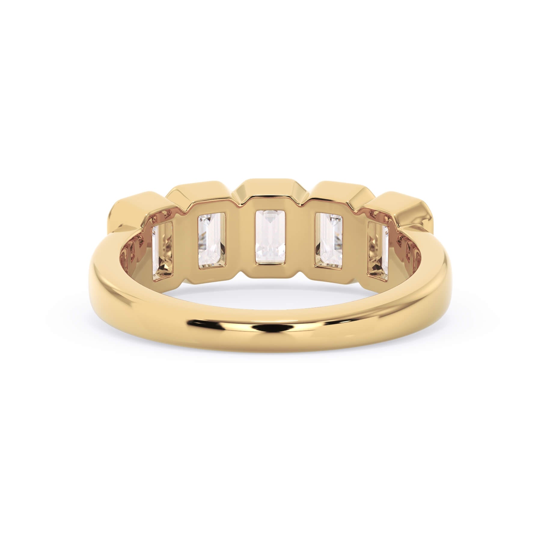 A picture of a five stone diamond wedding ring with emerald cut diamonds that are bezel set in yellow gold on a white background with a view of the underside of the ring.