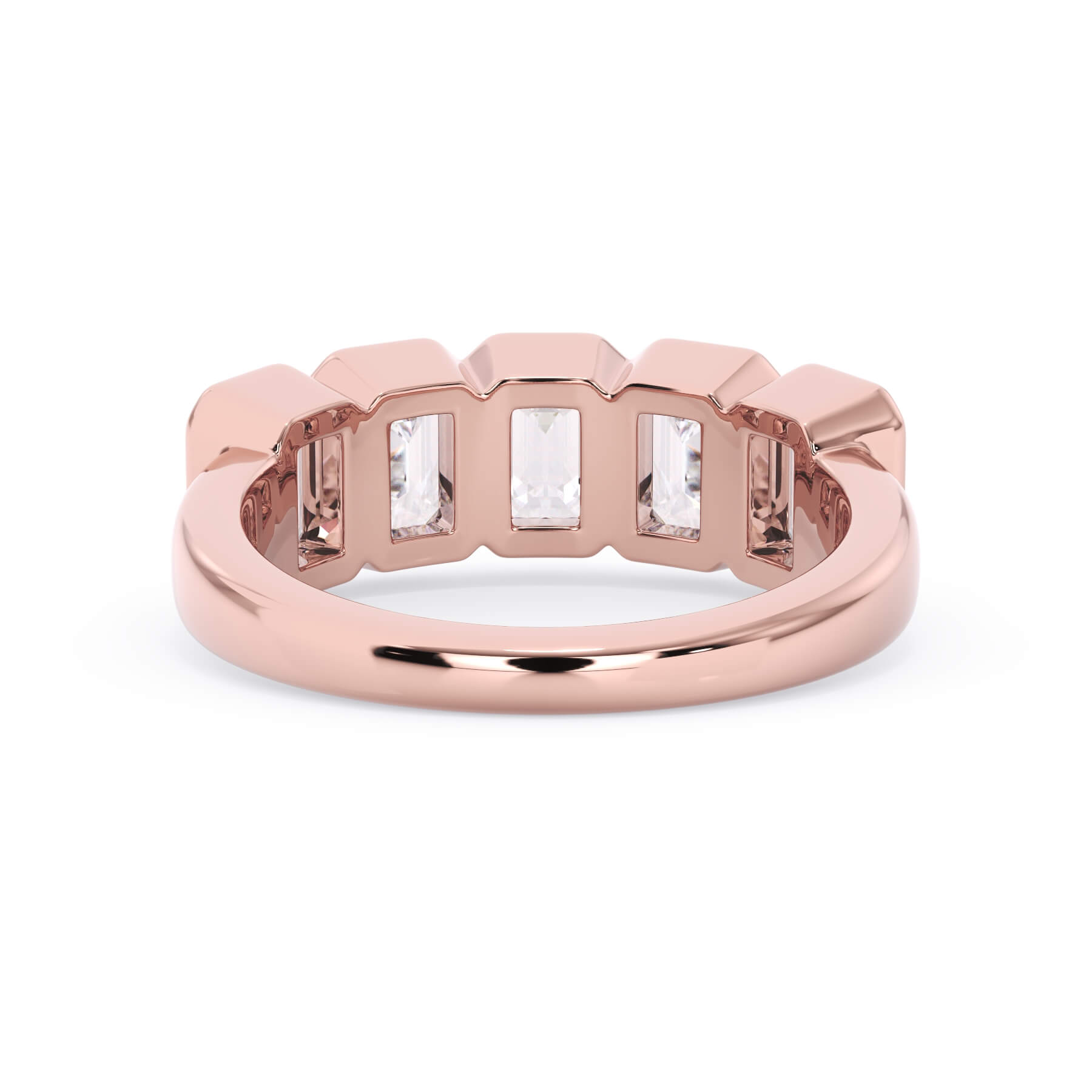 A picture of a five stone diamond wedding ring with emerald cut diamonds that are bezel set in rose gold on a white background with a view of the underside of the ring.