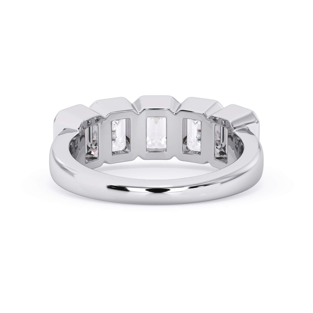 A picture of a five stone diamond wedding ring with emerald cut diamonds that are bezel set in white gold or platinum on a white background with a view of the underside of the ring.