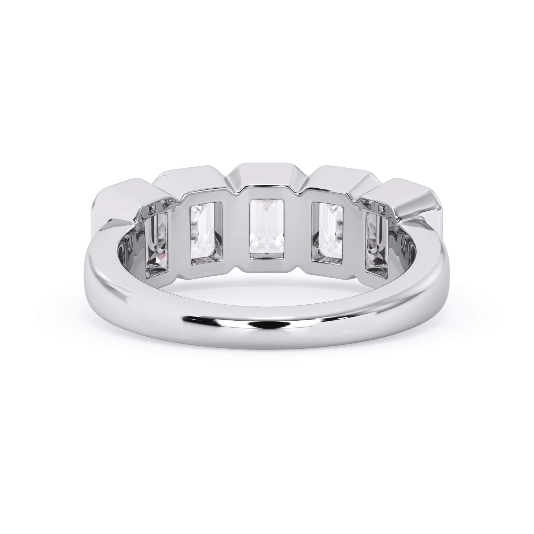 A picture of a five stone diamond wedding ring with emerald cut diamonds that are bezel set in white gold or platinum on a white background with a view of the underside of the ring.