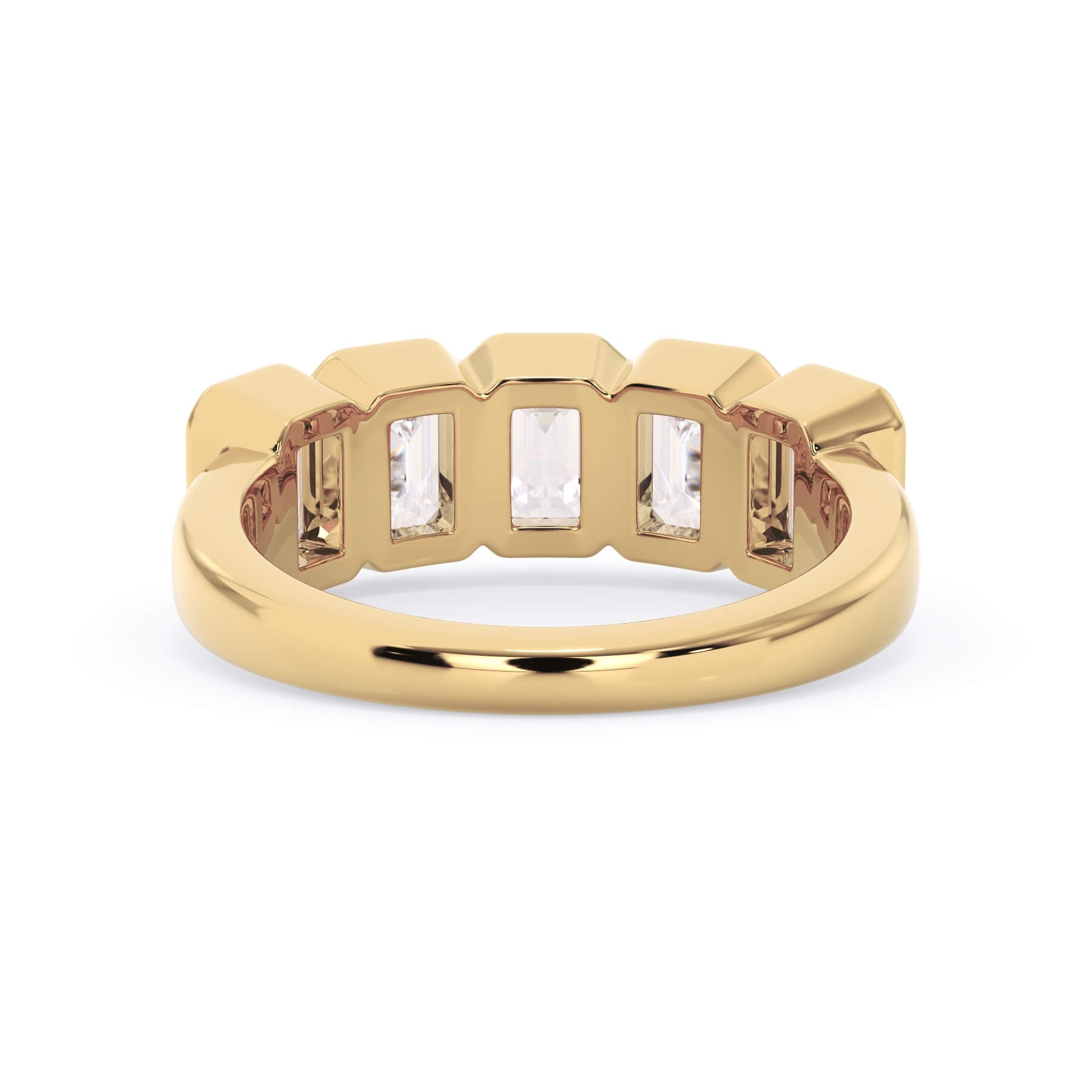A picture of a five stone diamond wedding ring with emerald cut diamonds that are bezel set in yellow gold on a white background with a view of the underside of the ring.