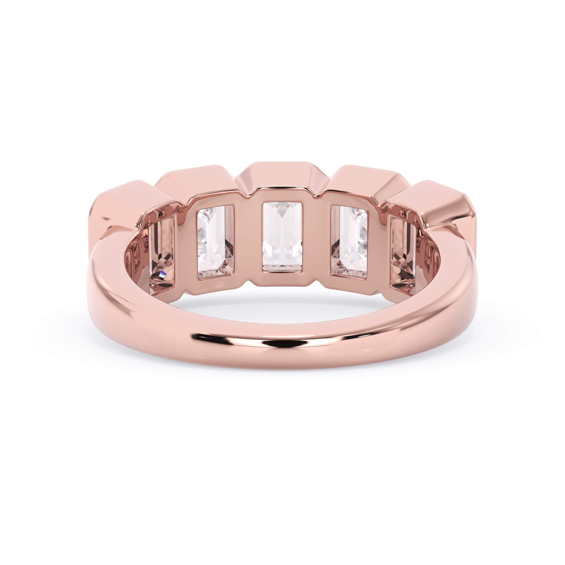 A picture of a five stone diamond wedding ring with emerald cut diamonds that are bezel set in rose gold on a white background with a view of the underside of the ring.
