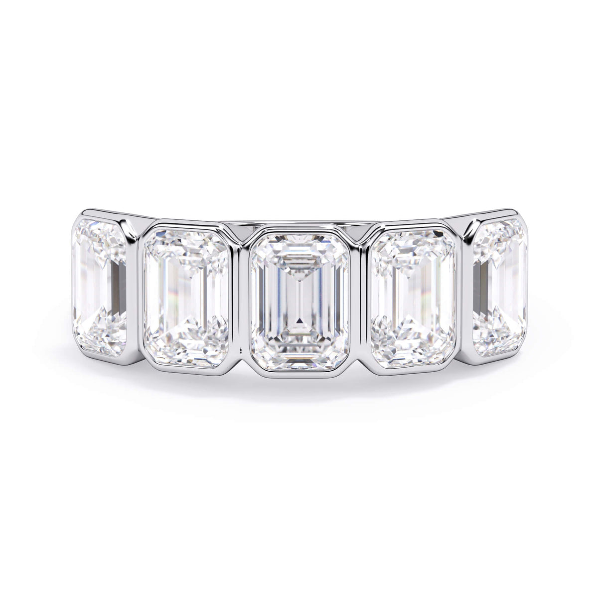 A picture of a five stone diamond wedding ring with emerald cut diamonds that are bezel set in white gold or platinum on a white background with the ring facing forward, lying down.