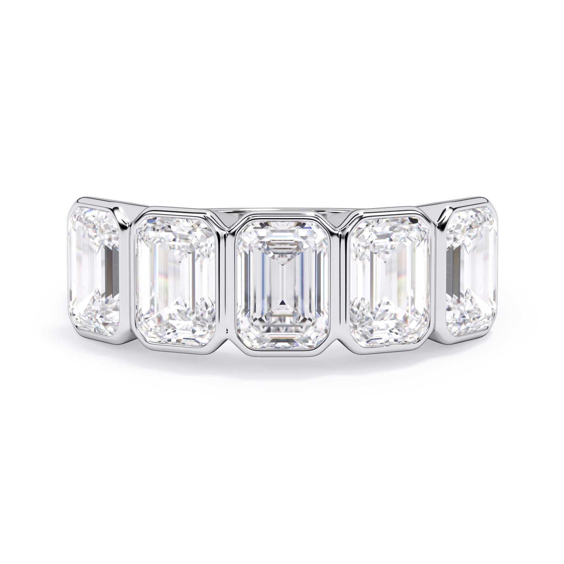 A picture of a five stone diamond wedding ring with emerald cut diamonds that are bezel set in white gold or platinum on a white background with the ring facing forward, lying down.