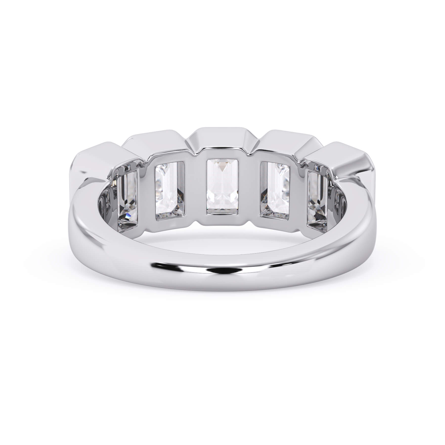 A picture of a five stone diamond wedding ring with emerald cut diamonds that are bezel set in white gold or platinum on a white background with a view of the underside of the ring.