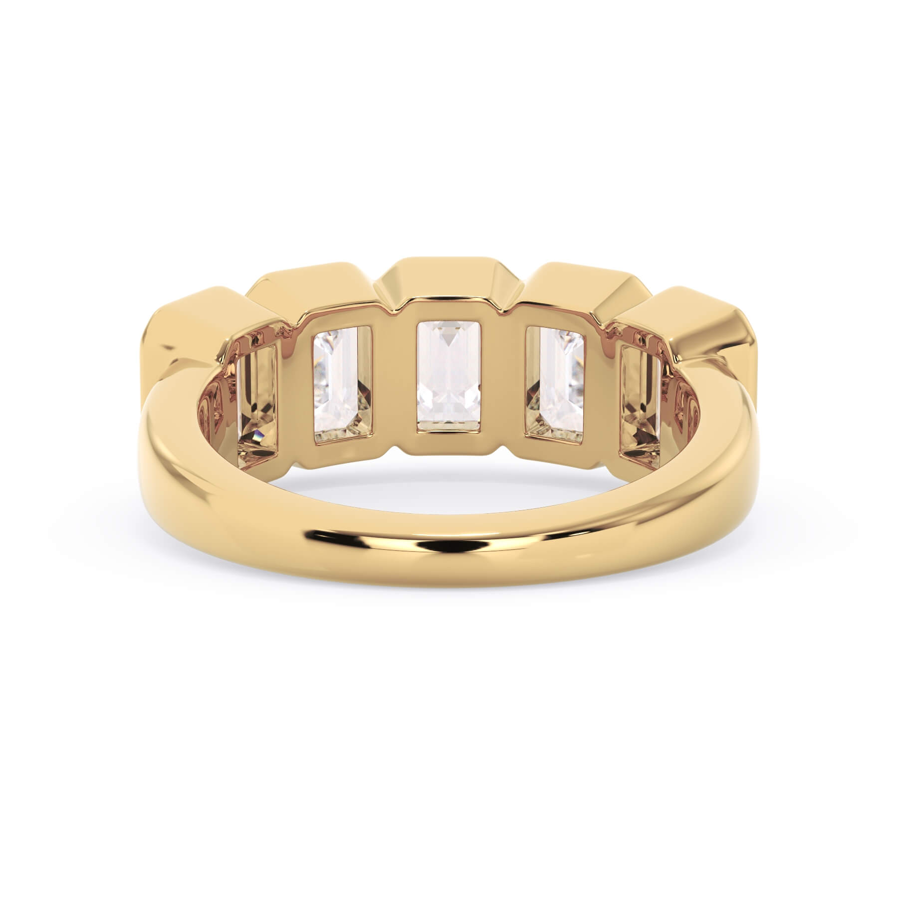 A picture of a five stone diamond wedding ring with emerald cut diamonds that are bezel set in yellow gold on a white background with a view of the underside of the ring.