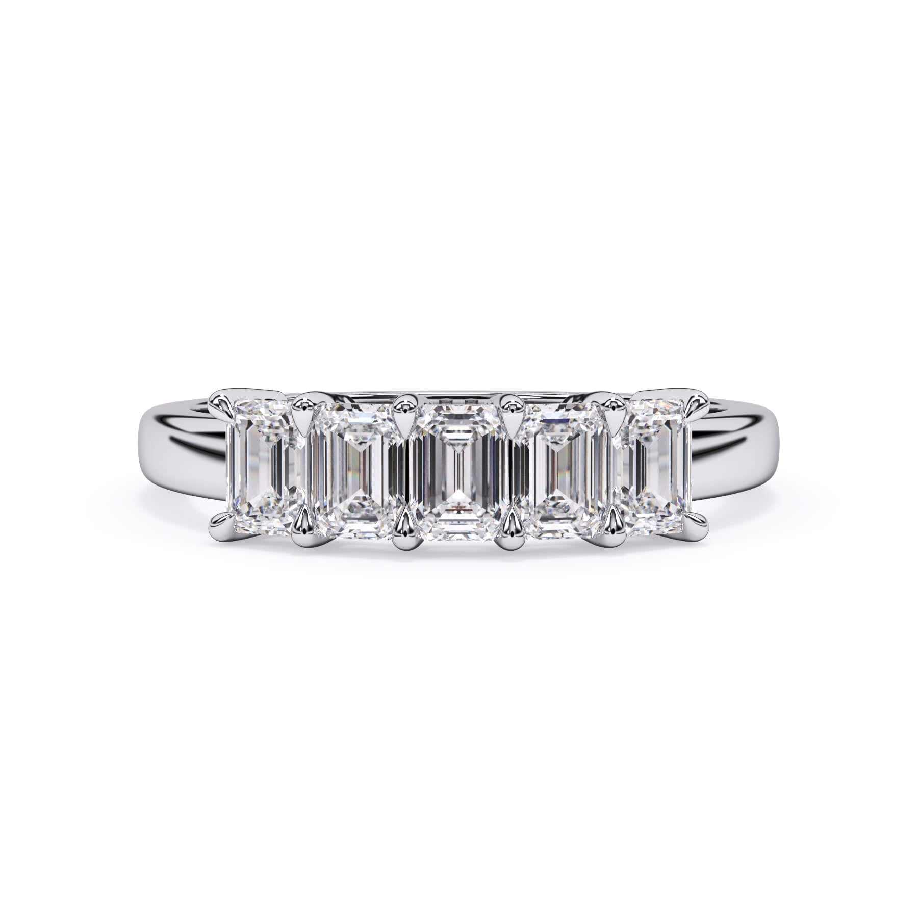 A picture of a five stone diamond wedding ring with emerald cut diamonds that are shared prong set in white gold or platinum on a white background with the ring facing forward, lying down.