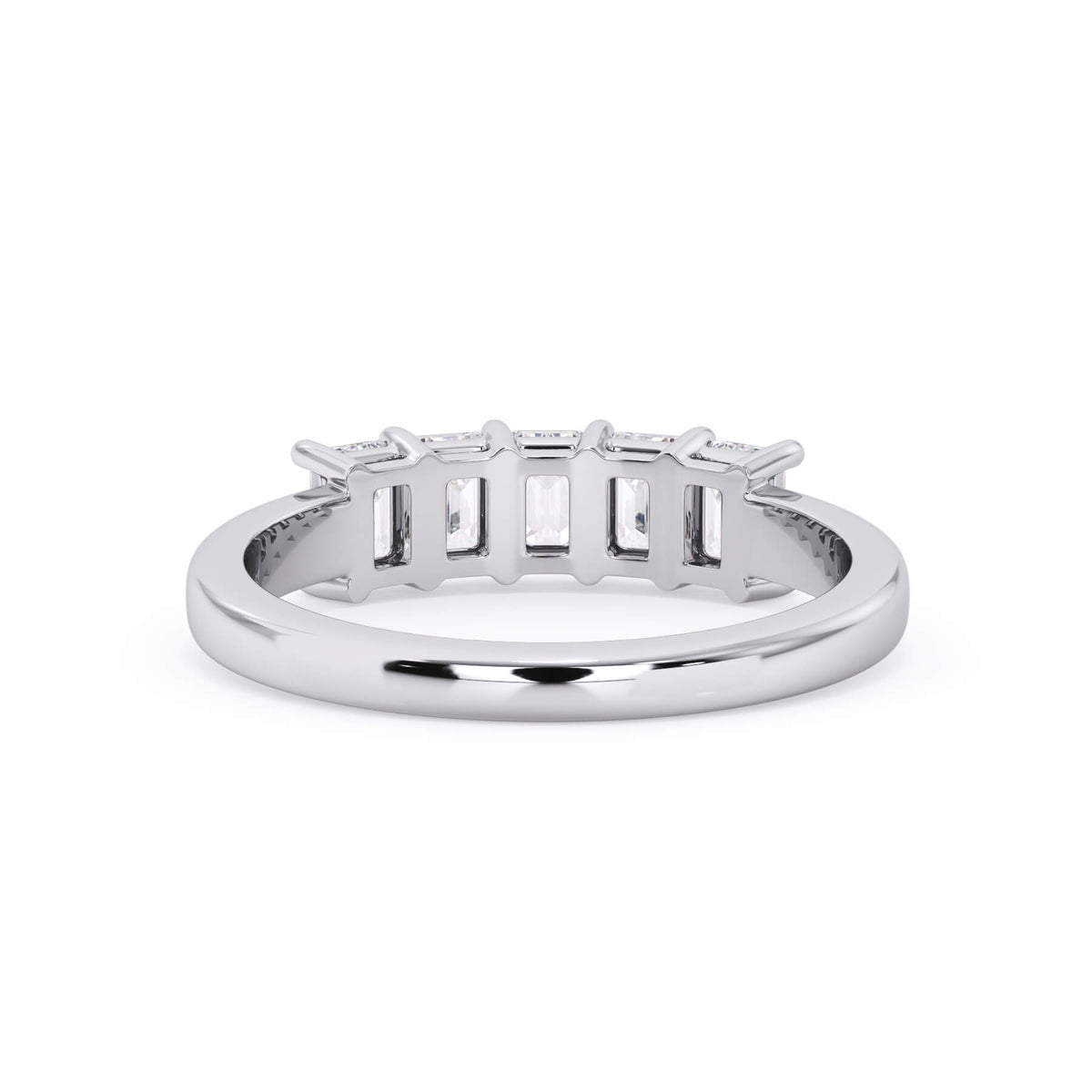 A picture of a five stone diamond wedding ring with emerald cut diamonds that are shared prong set in white gold or platinum on a white background with a view of the underside of the ring.