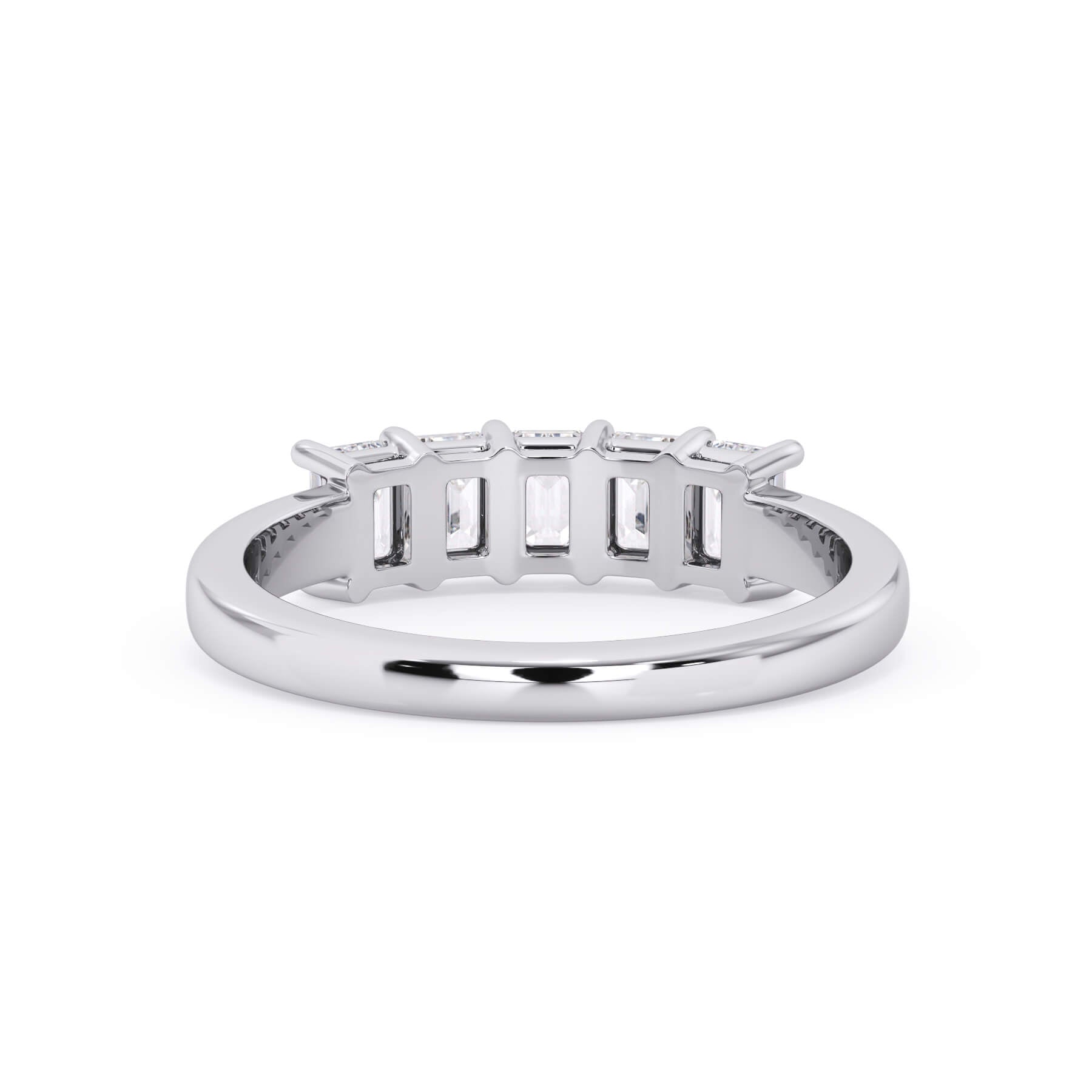 A picture of a five stone diamond wedding ring with emerald cut diamonds that are shared prong set in white gold or platinum on a white background with a view of the underside of the ring.