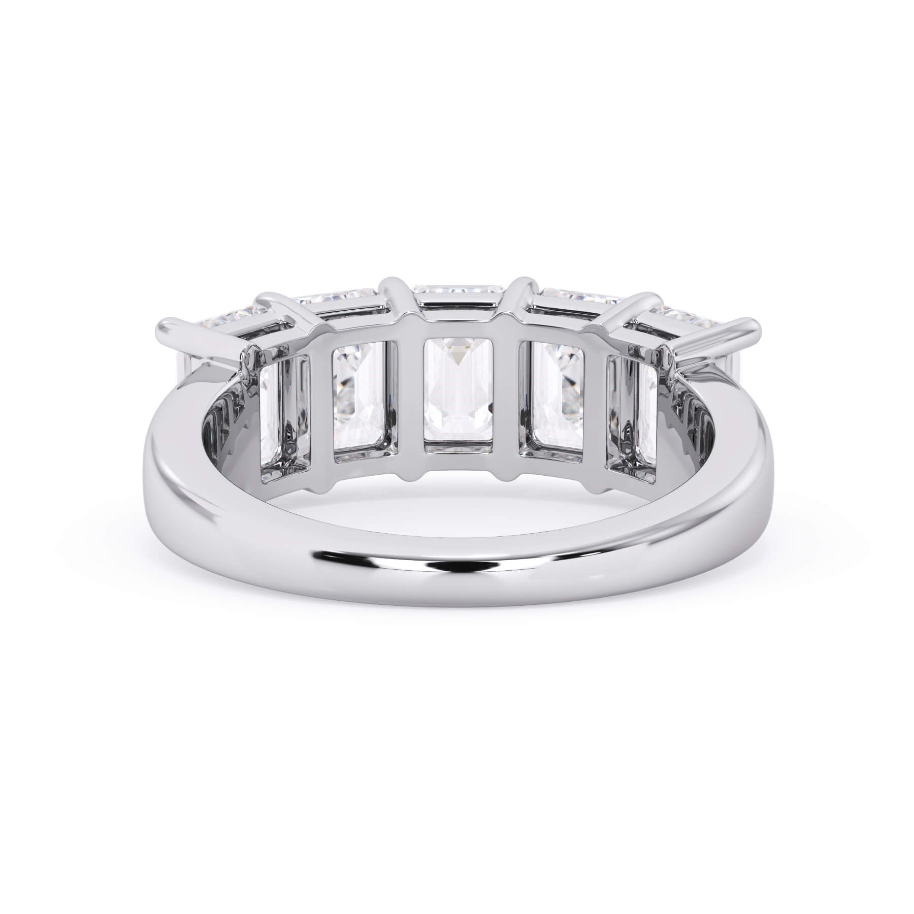 A picture of a five stone diamond wedding ring with emerald cut diamonds that are shared prong set in white gold or platinum on a white background with a view of the underside of the ring.
