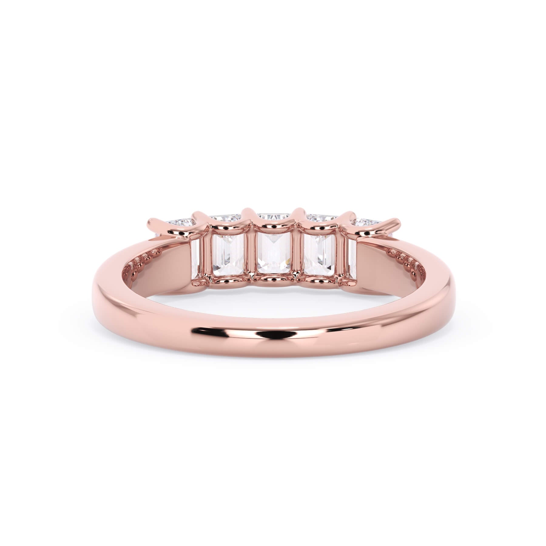 A picture of a five stone diamond wedding ring with emerald cut diamonds that are u prong set in rose gold on a white background with a view of the underside of the ring.