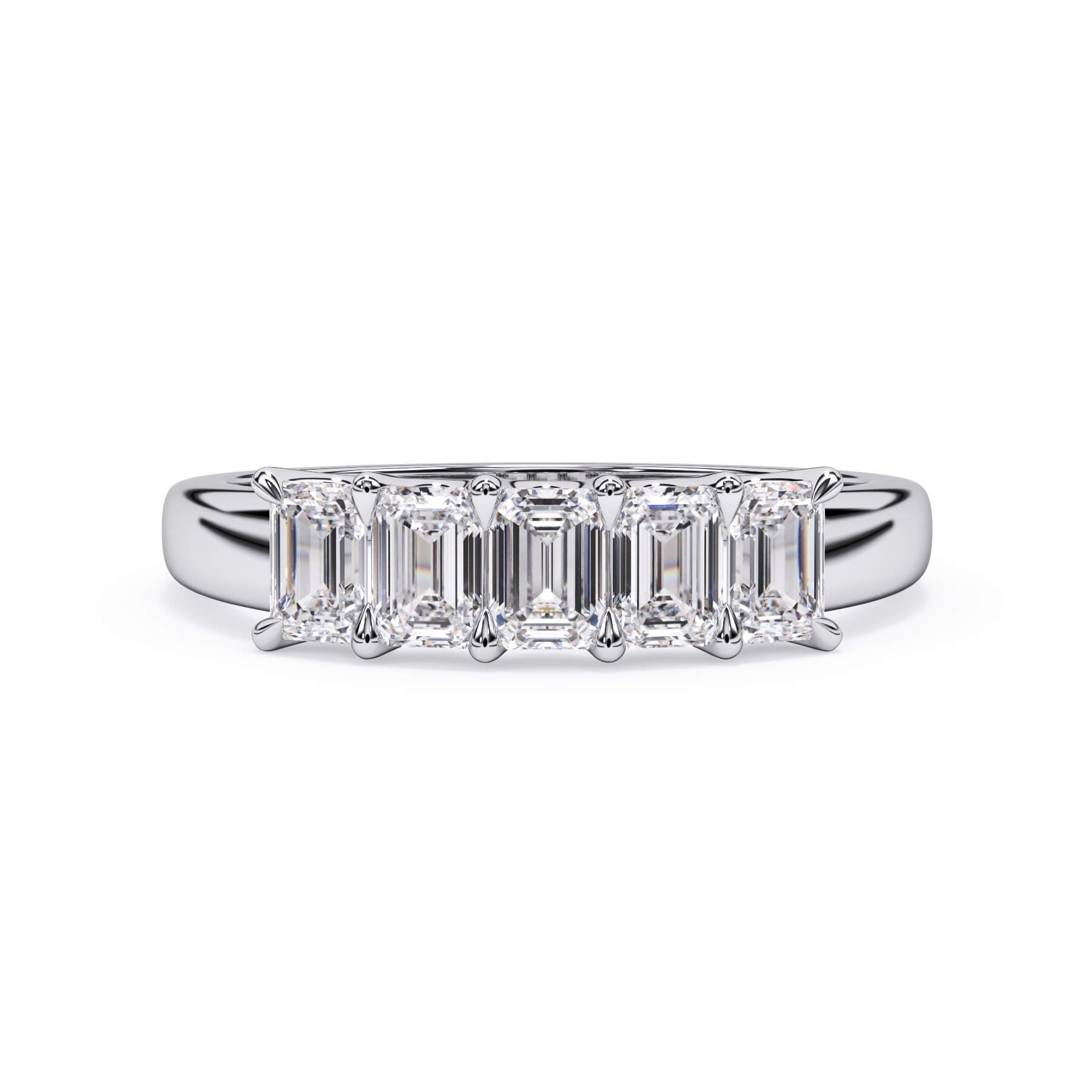 A picture of a five stone diamond wedding ring with emerald cut diamonds that are u prong set in white gold or platinum on a white background with the ring facing forward, lying down.