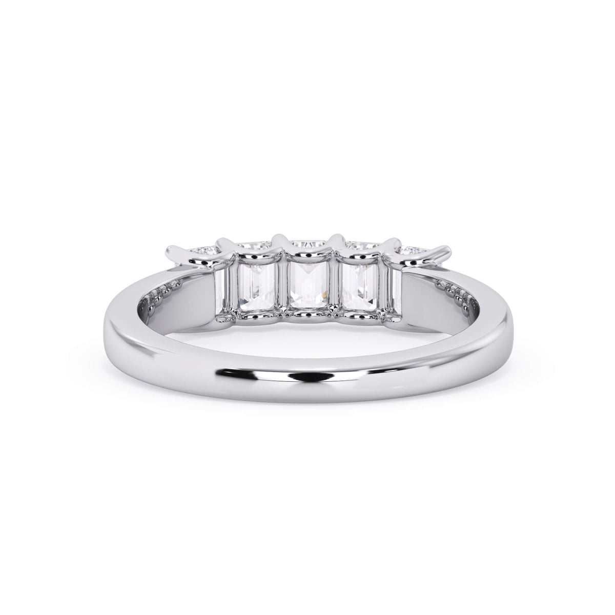 A picture of a five stone diamond wedding ring with emerald cut diamonds that are u prong set in white gold or platinum on a white background with a view of the underside of the ring.