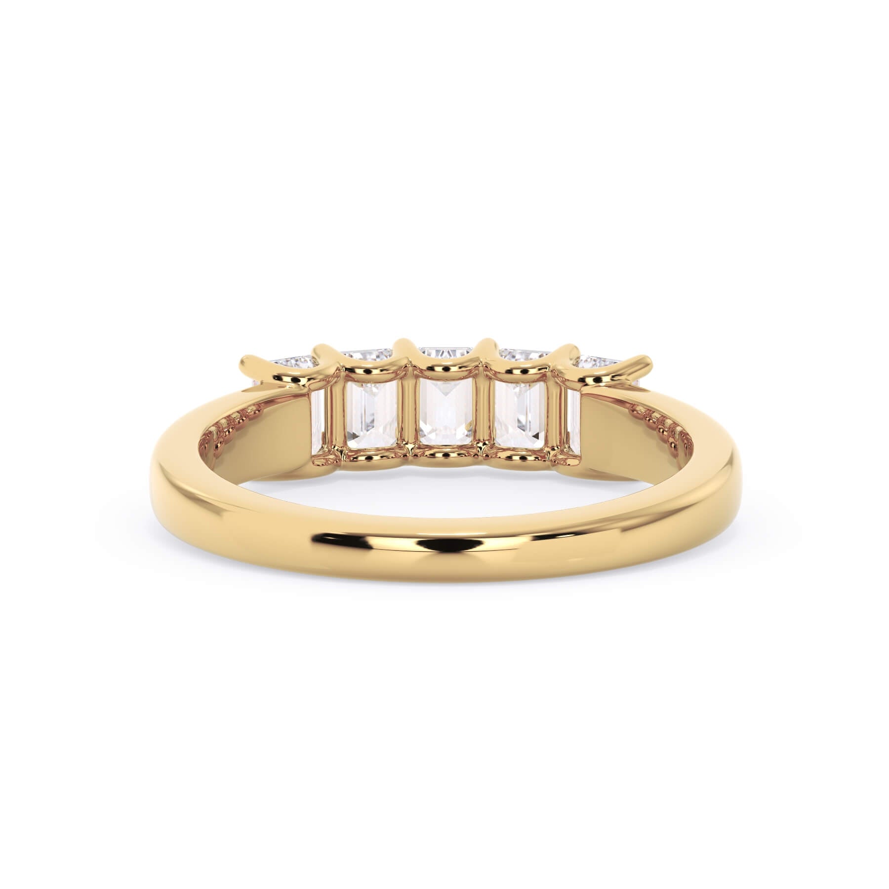A picture of a five stone diamond wedding ring with emerald cut diamonds that are u prong set in yellow gold on a white background with a view of the underside of the ring.