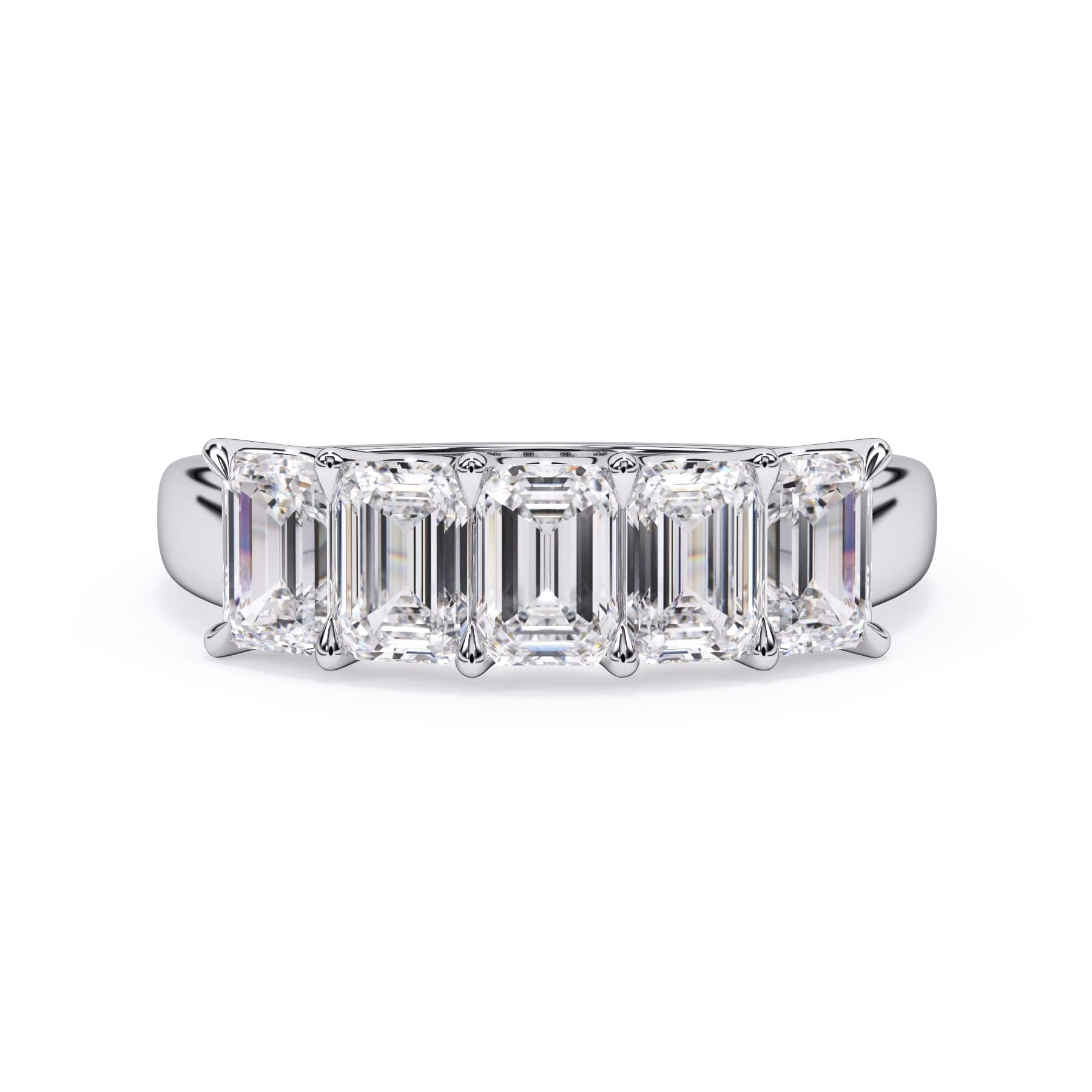 A picture of a five stone diamond wedding ring with emerald cut diamonds that are u prong set in white gold or platinum on a white background with the ring facing forward, lying down.
