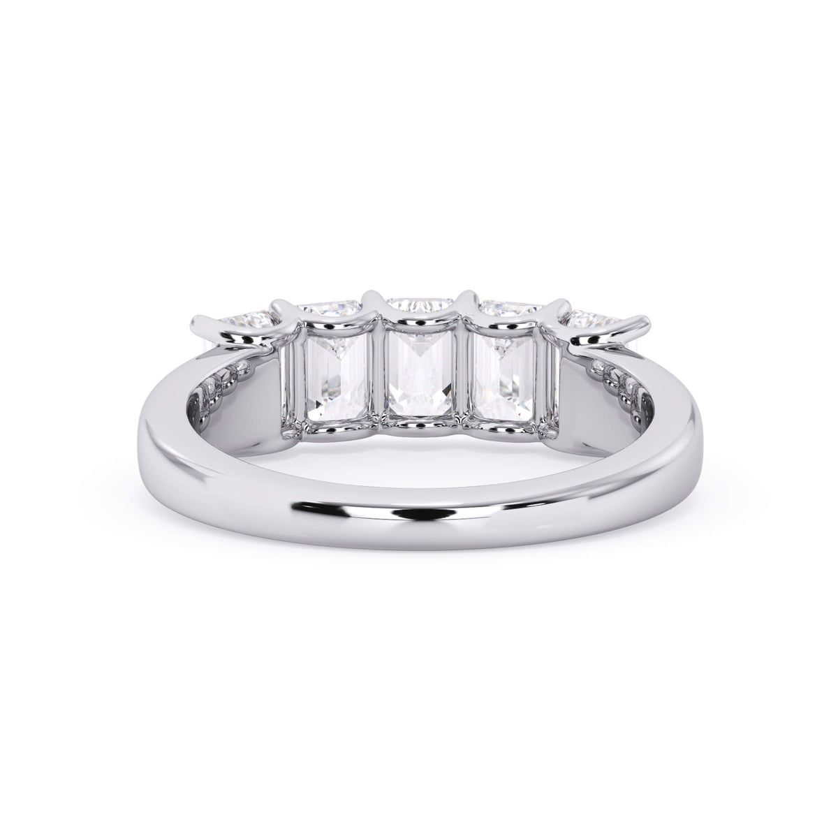 A picture of a five stone diamond wedding ring with emerald cut diamonds that are u prong set in white gold or platinum on a white background with a view of the underside of the ring.