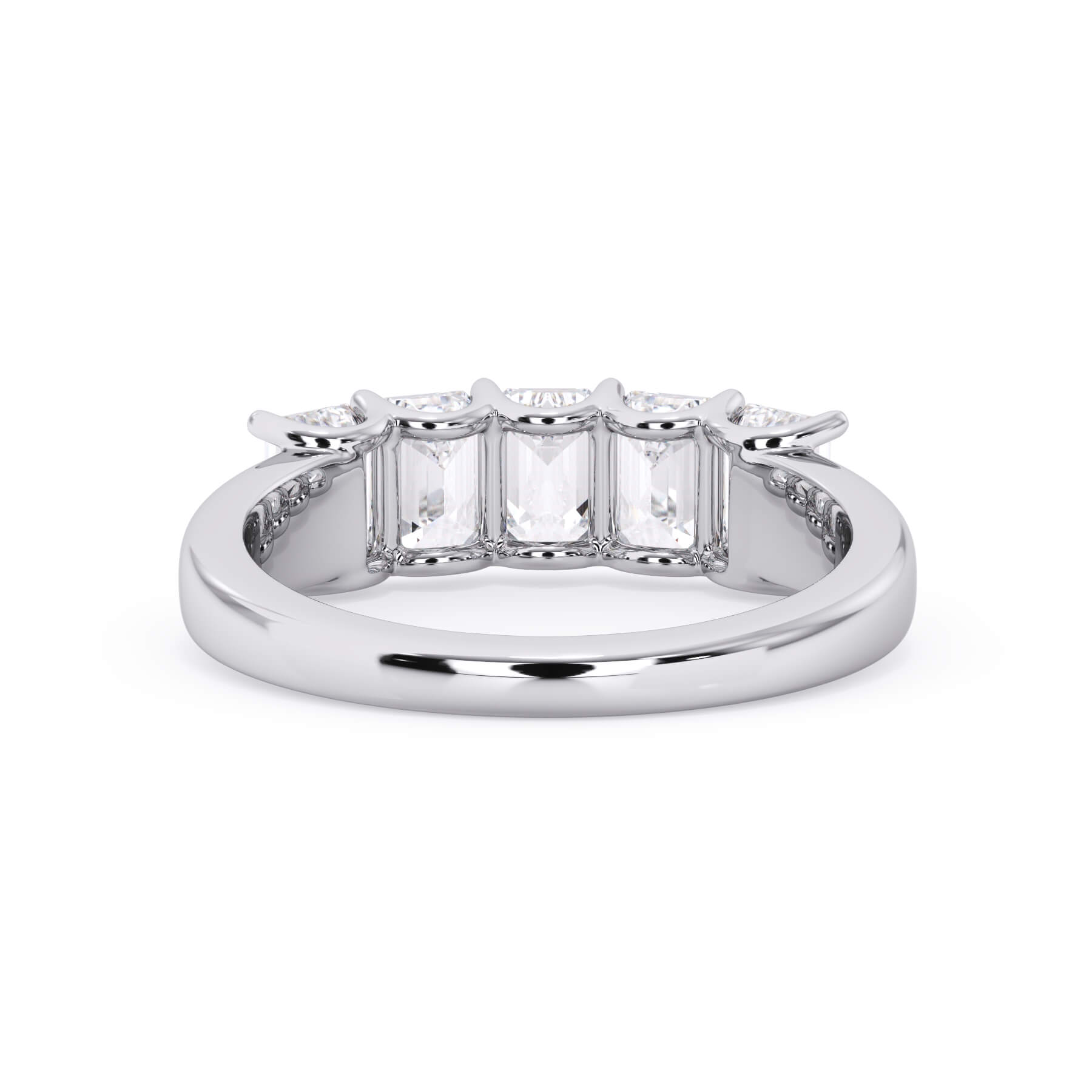 A picture of a five stone diamond wedding ring with emerald cut diamonds that are u prong set in white gold or platinum on a white background with a view of the underside of the ring.