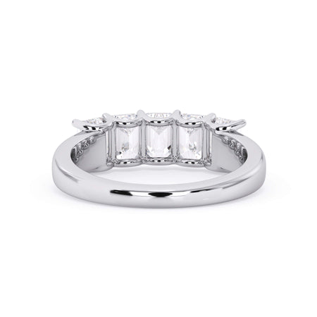A picture of a five stone diamond wedding ring with emerald cut diamonds that are u prong set in white gold or platinum on a white background with a view of the underside of the ring.