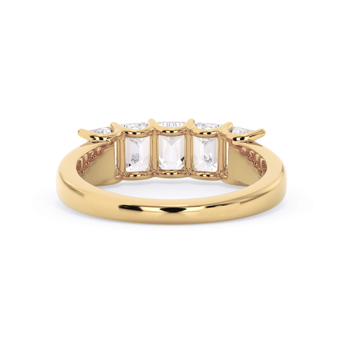 A picture of a five stone diamond wedding ring with emerald cut diamonds that are u prong set in yellow gold on a white background with a view of the underside of the ring.