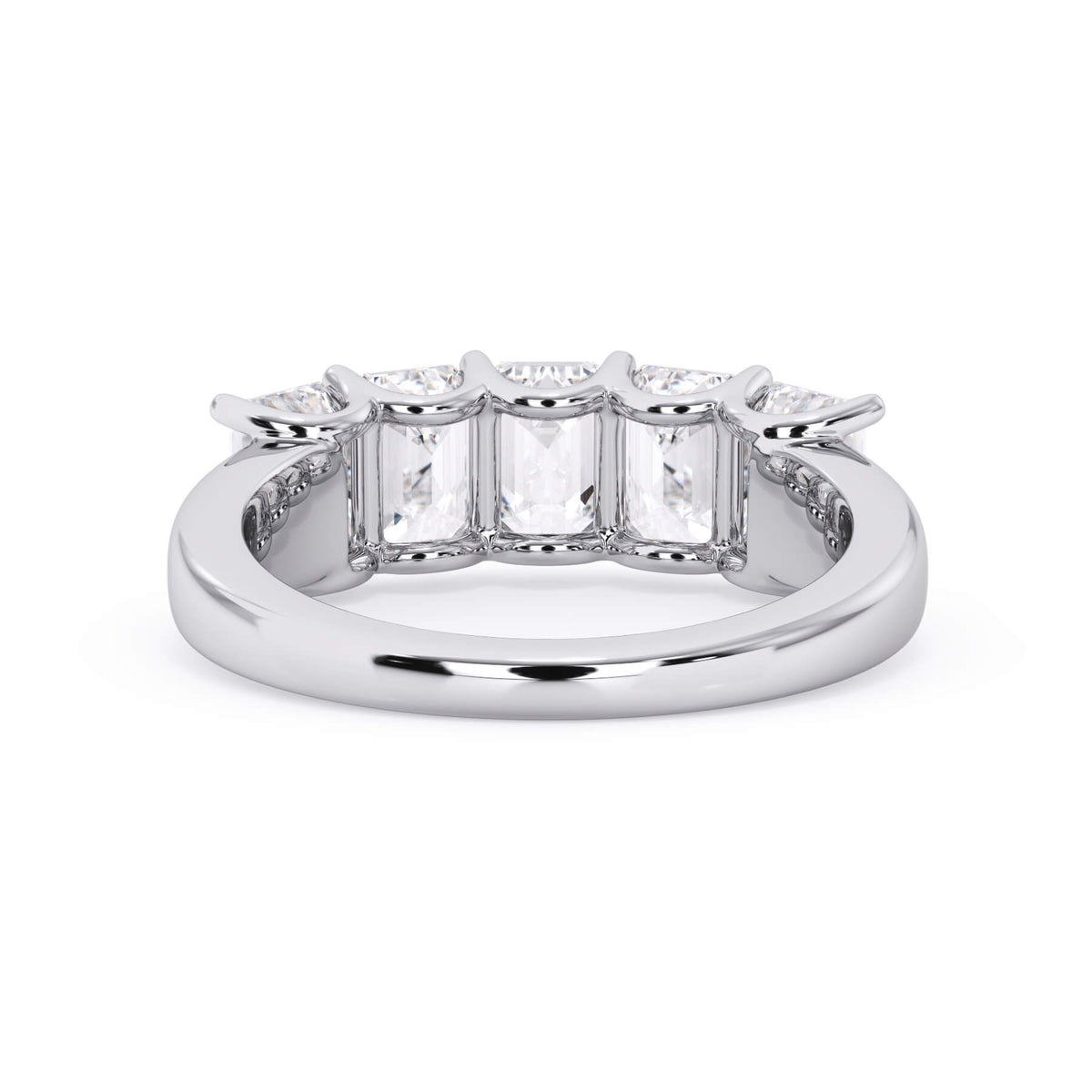 A picture of a five stone diamond wedding ring with emerald cut diamonds that are u prong set in white gold or platinum on a white background with a view of the underside of the ring.