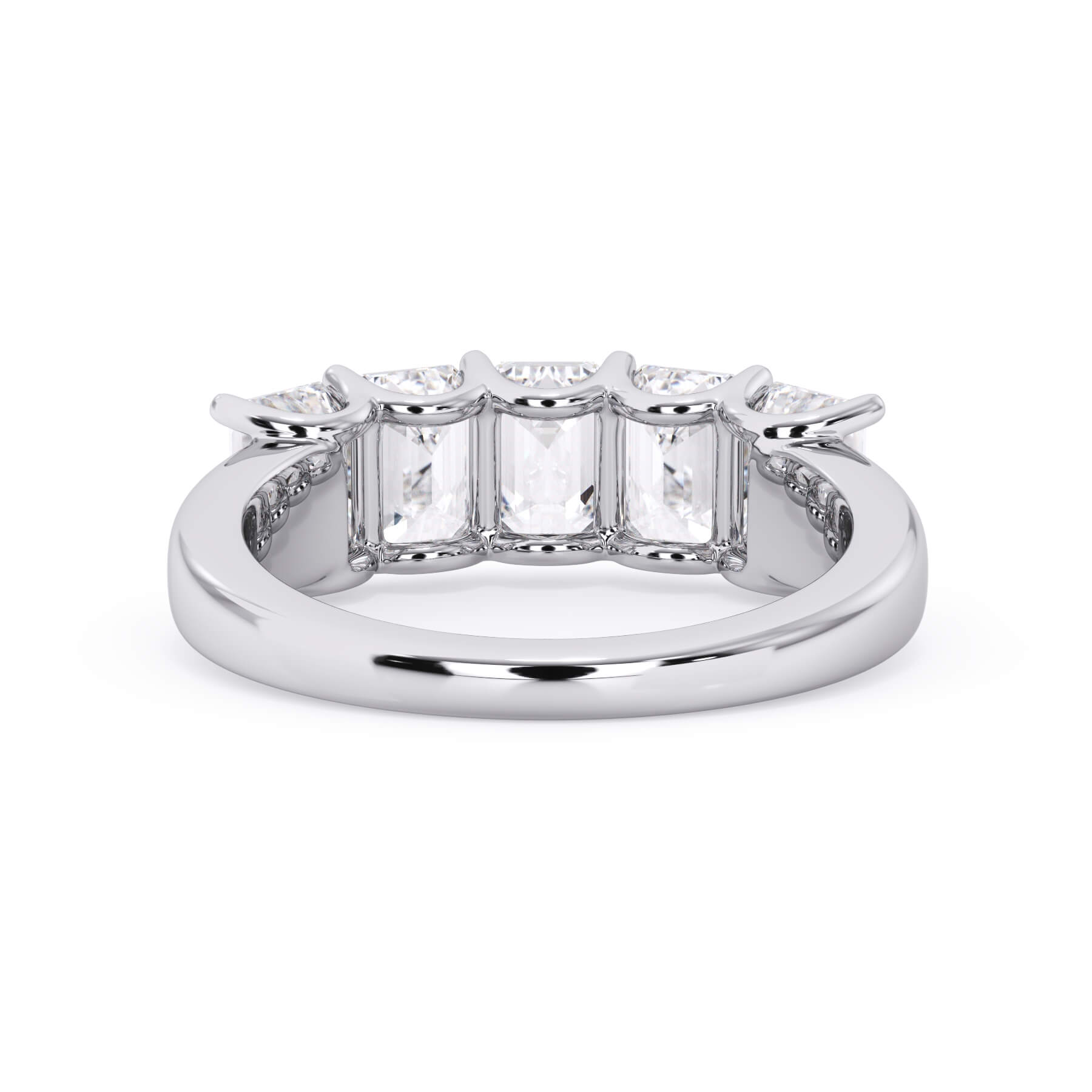 A picture of a five stone diamond wedding ring with emerald cut diamonds that are u prong set in white gold or platinum on a white background with a view of the underside of the ring.
