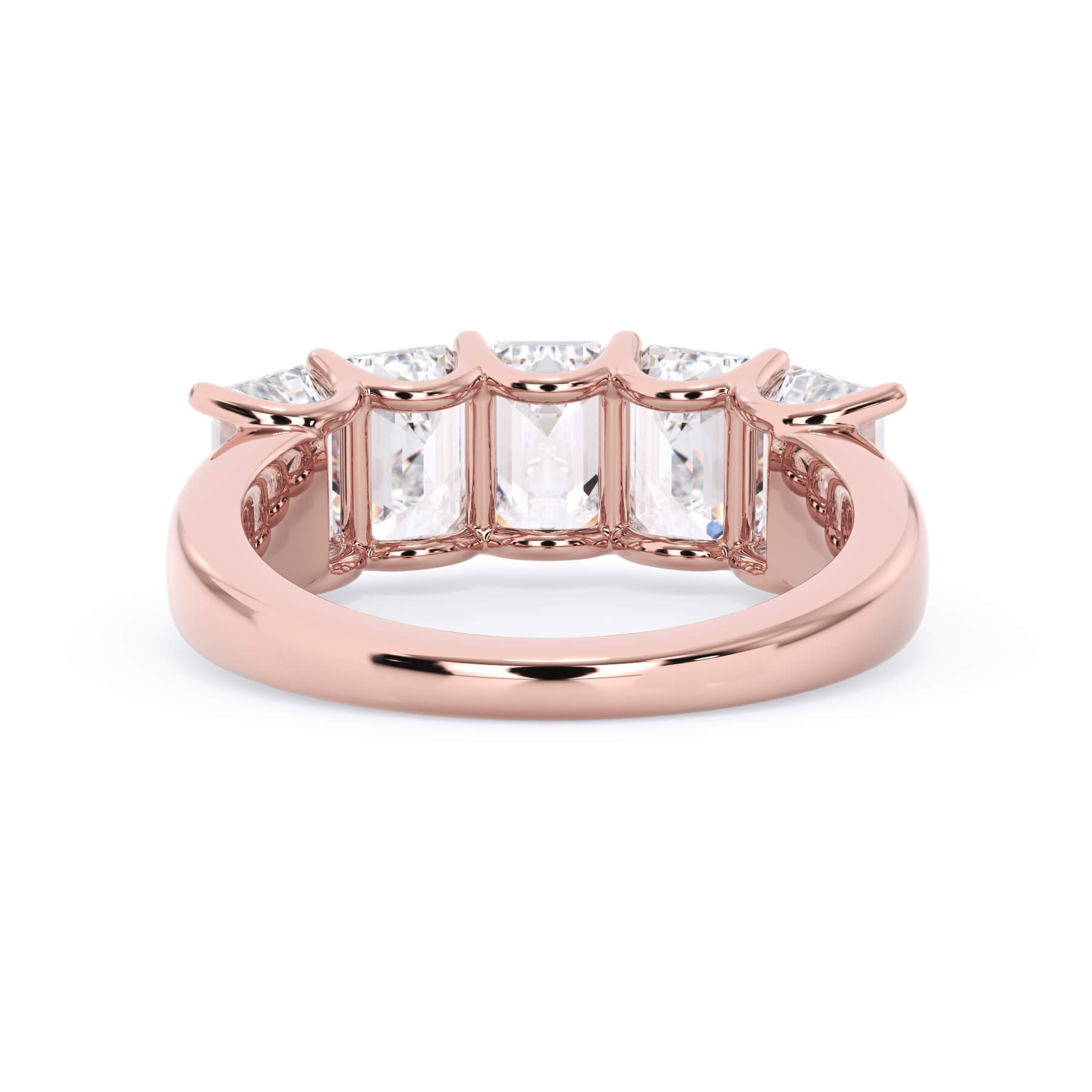 A picture of a five stone diamond wedding ring with emerald cut diamonds that are u prong set in rose gold on a white background with a view of the underside of the ring.