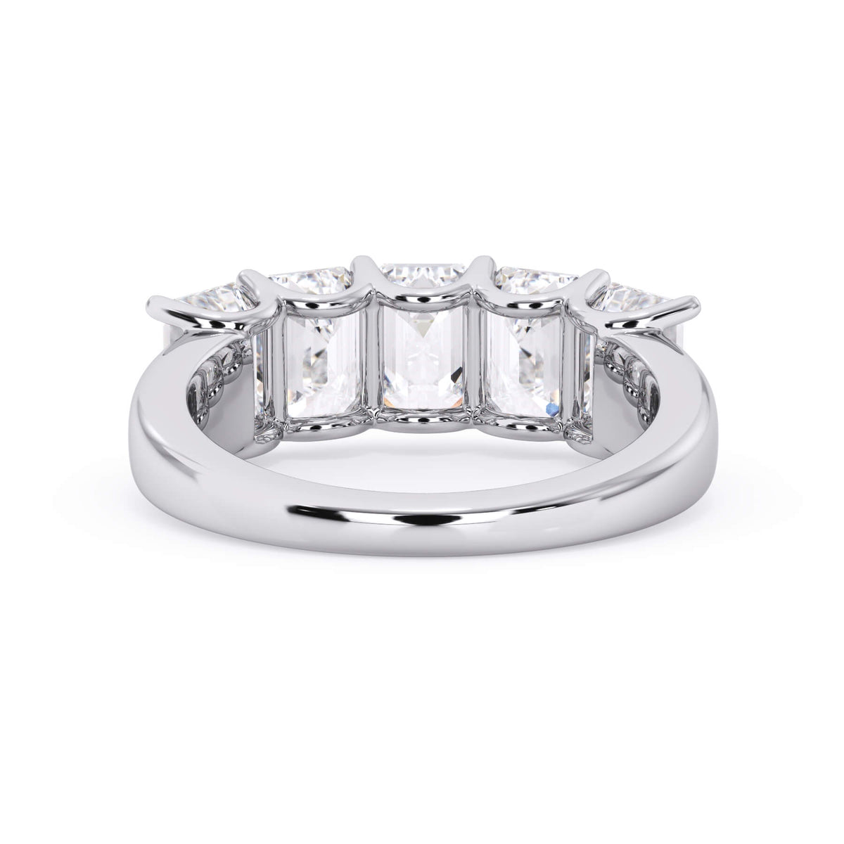 A picture of a five stone diamond wedding ring with emerald cut diamonds that are u prong set in white gold or platinum on a white background with a view of the underside of the ring.