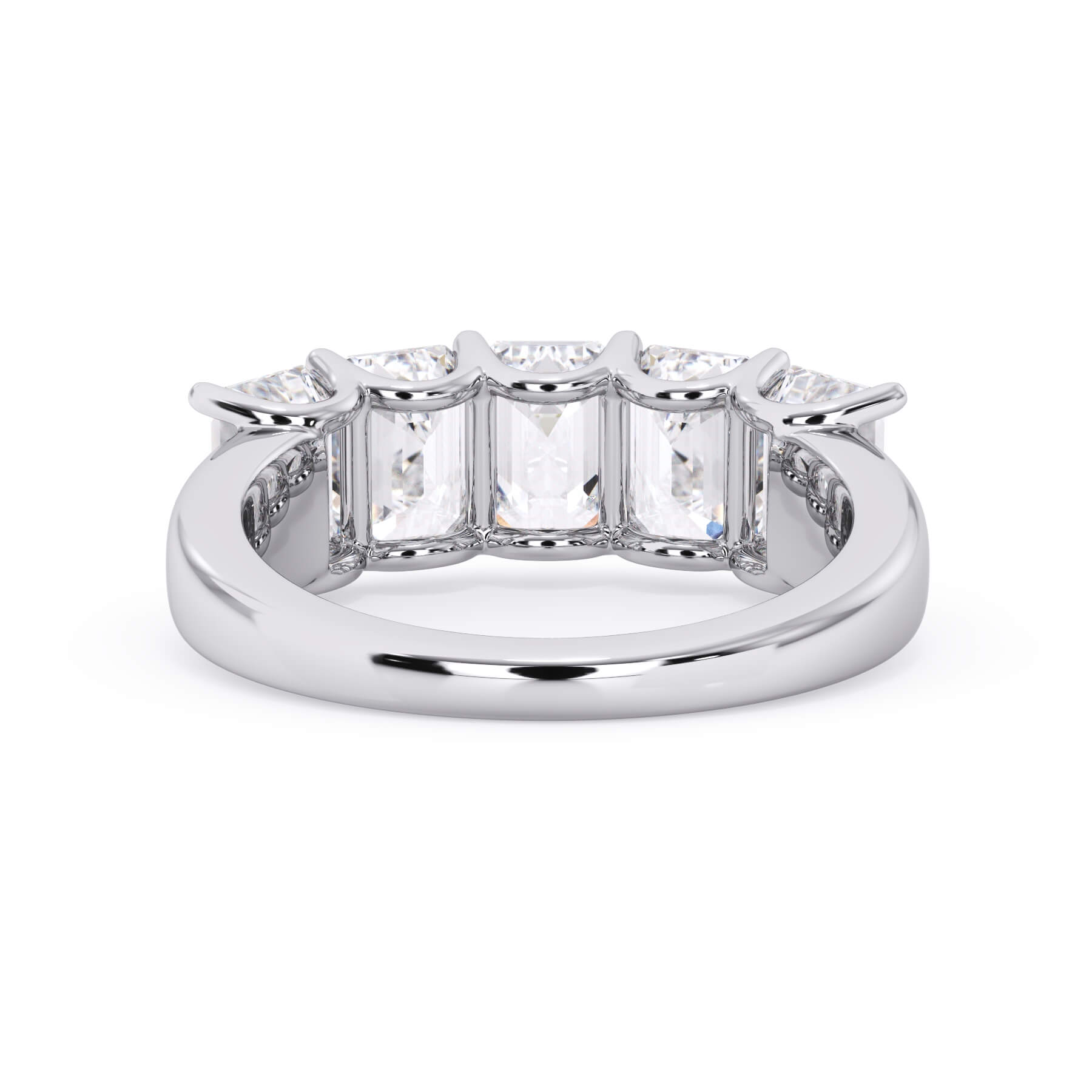 A picture of a five stone diamond wedding ring with emerald cut diamonds that are u prong set in white gold or platinum on a white background with a view of the underside of the ring.