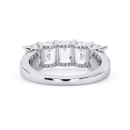 A picture of a five stone diamond wedding ring with emerald cut diamonds that are u prong set in white gold or platinum on a white background with a view of the underside of the ring.