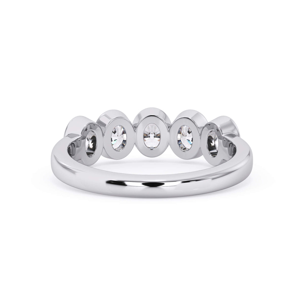 A picture of a five stone diamond wedding ring with oval shape diamonds that are bezel set in white gold or platinum on a white background with a view of the underside of the ring.