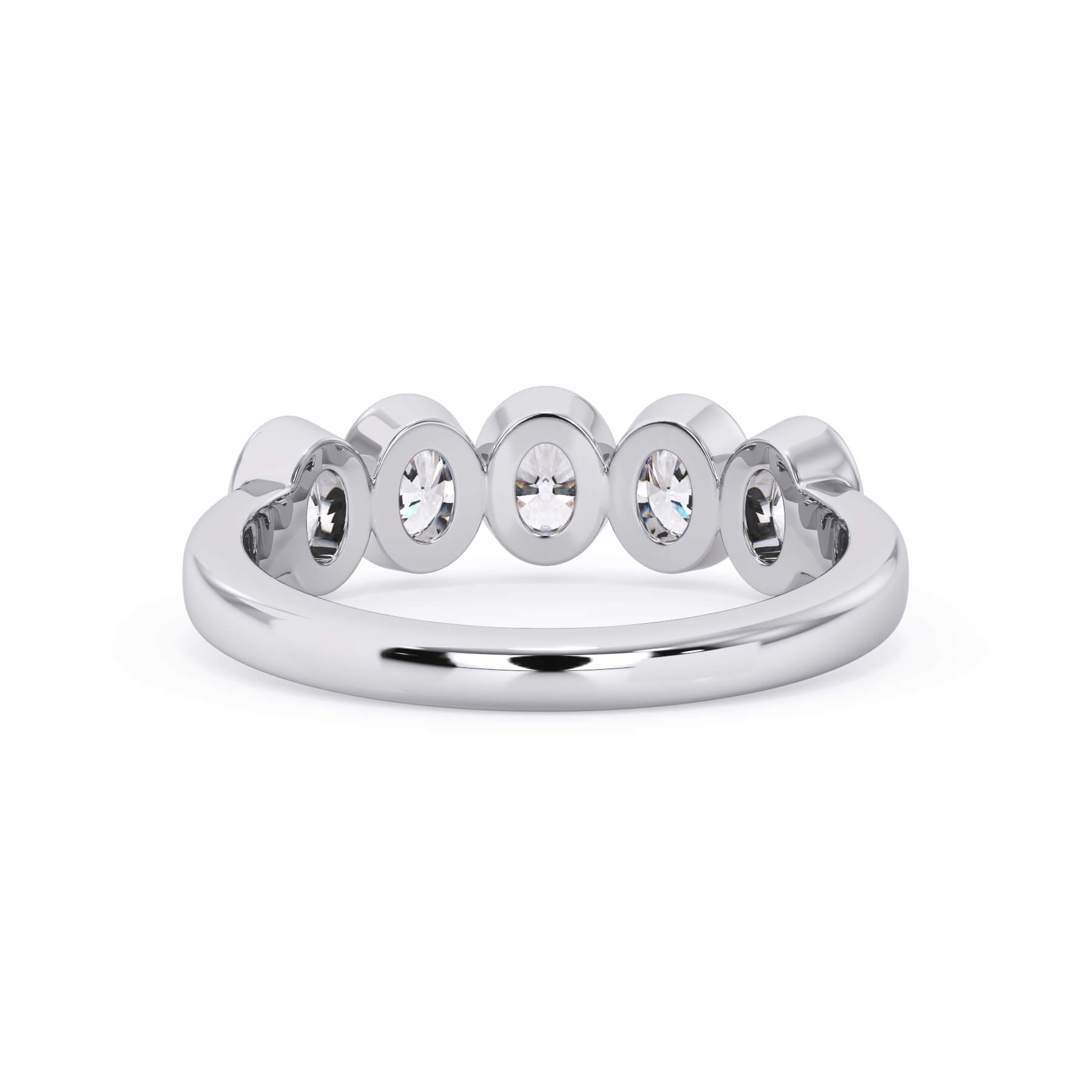 A picture of a five stone diamond wedding ring with oval shape diamonds that are bezel set in white gold or platinum on a white background with a view of the underside of the ring.