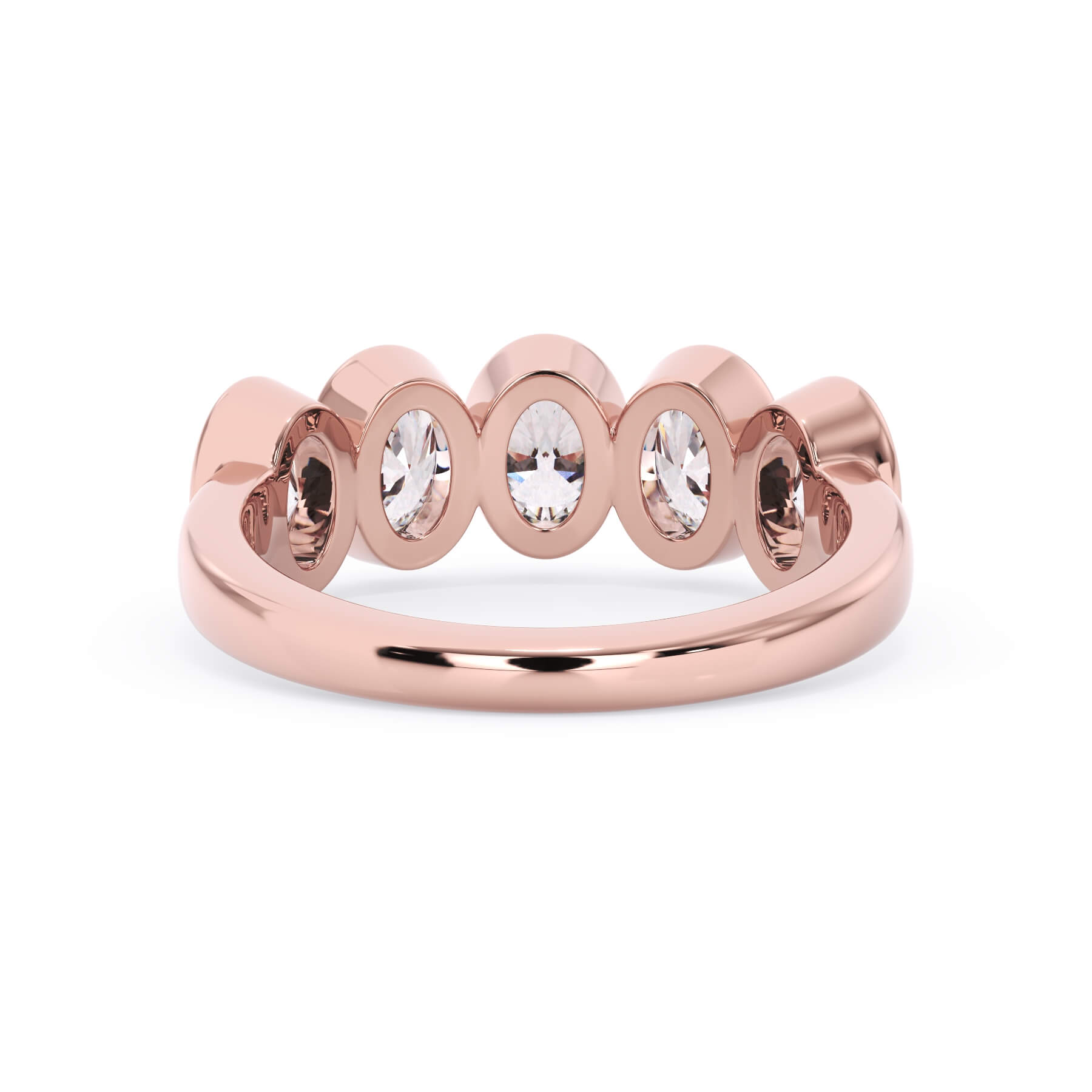 A picture of a five stone diamond wedding ring with oval shape diamonds that are bezel set in rose gold on a white background with a view of the underside of the ring.