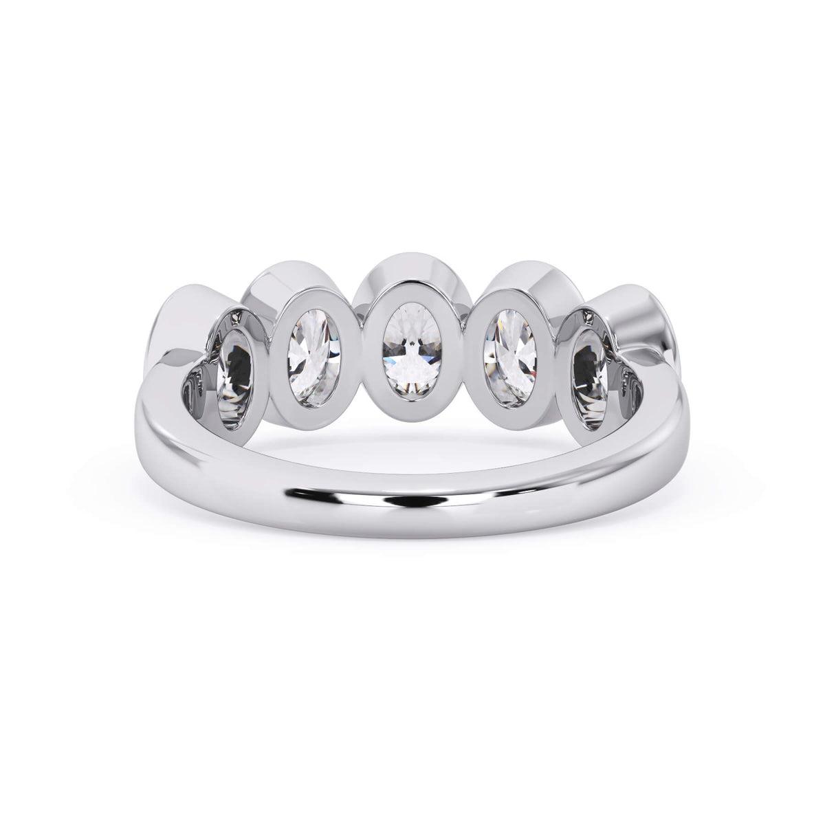 A picture of a five stone diamond wedding ring with oval shape diamonds that are bezel set in white gold or platinum on a white background with a view of the underside of the ring.